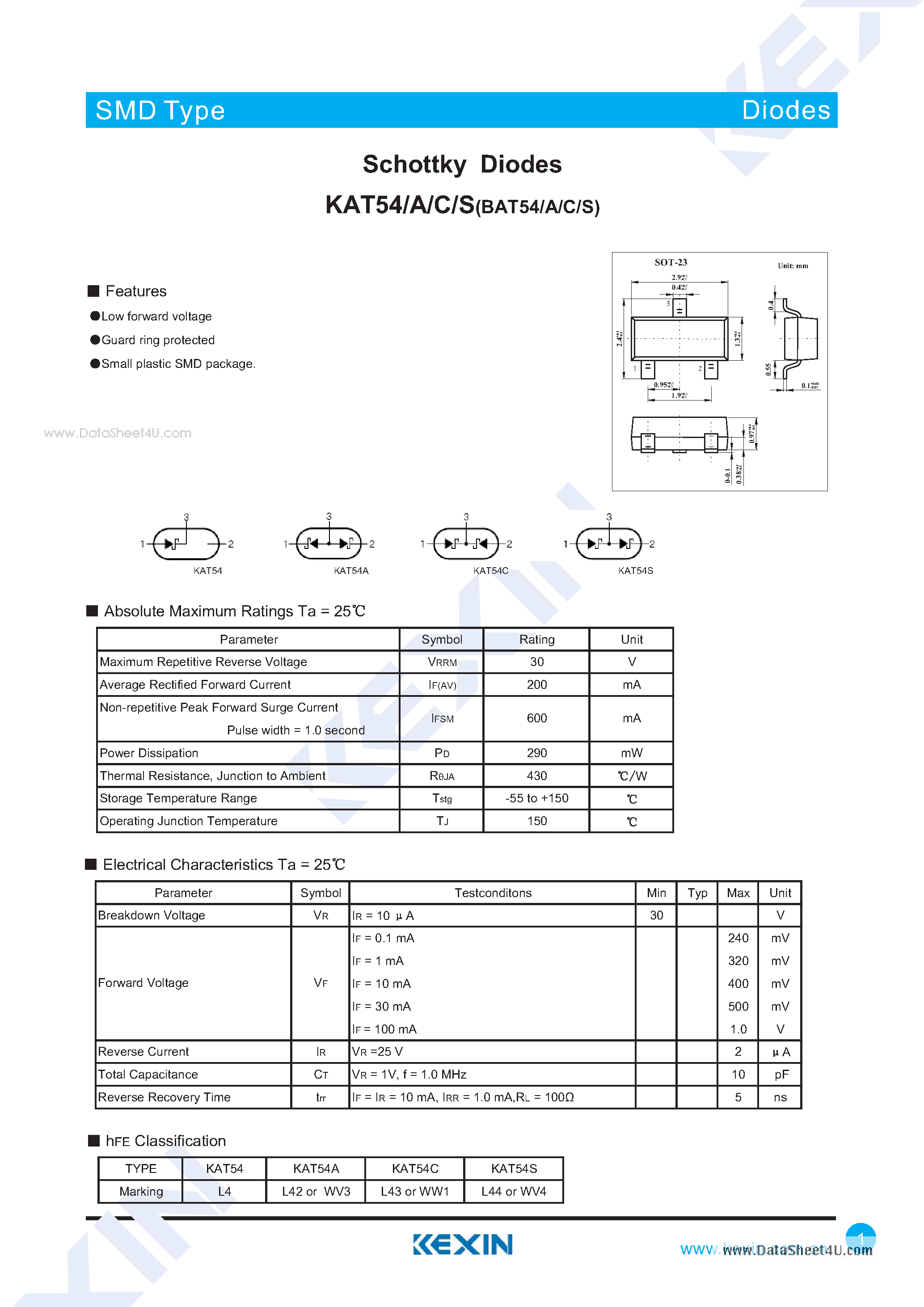 Даташит на микросхему KAT54 страница 1 Даташит KAT54 - Schottky Diodes страница 1
