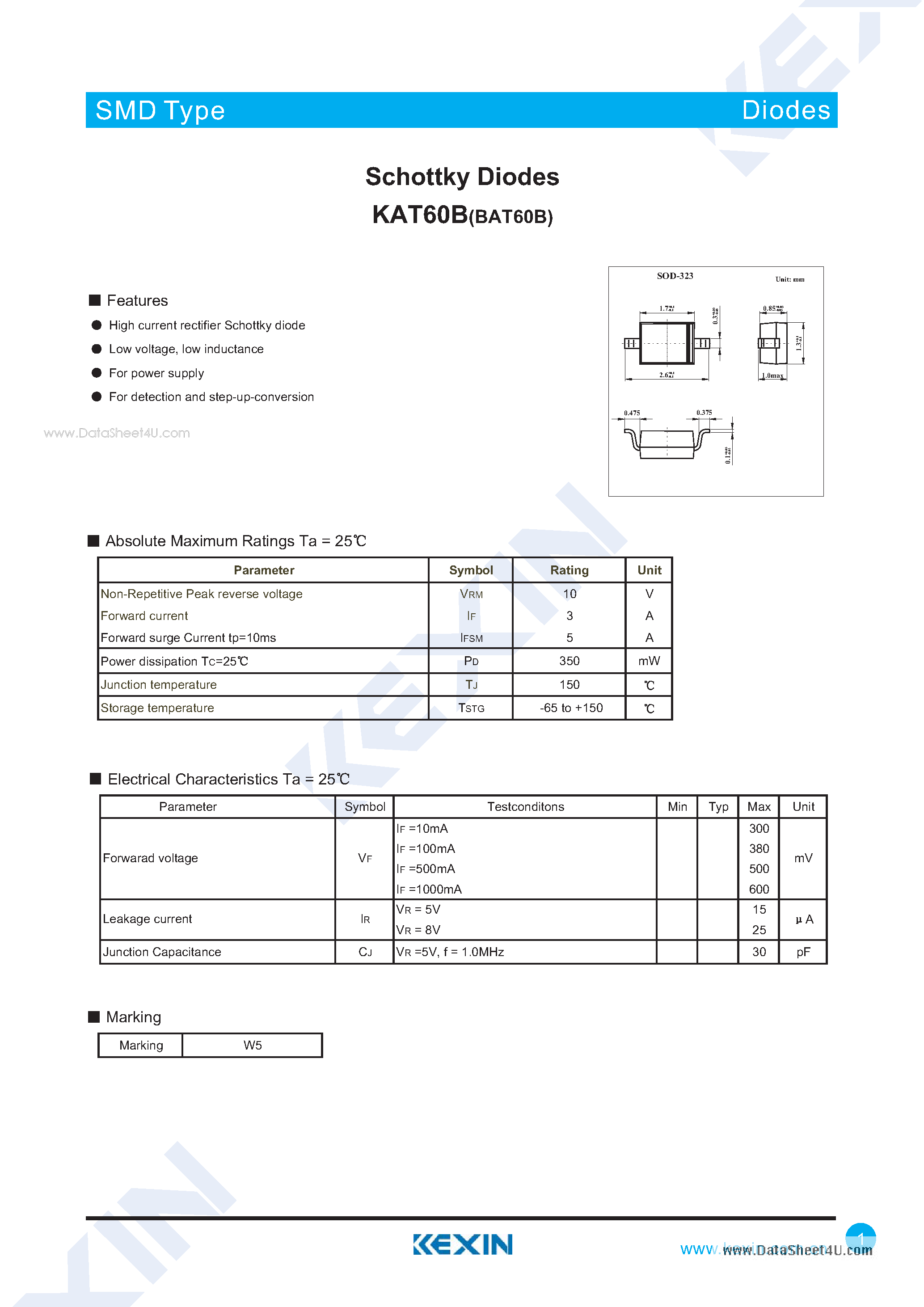 Даташит на микросхему KAT60B страница 1 Даташит KAT60B - Schottky Diodes страница 1