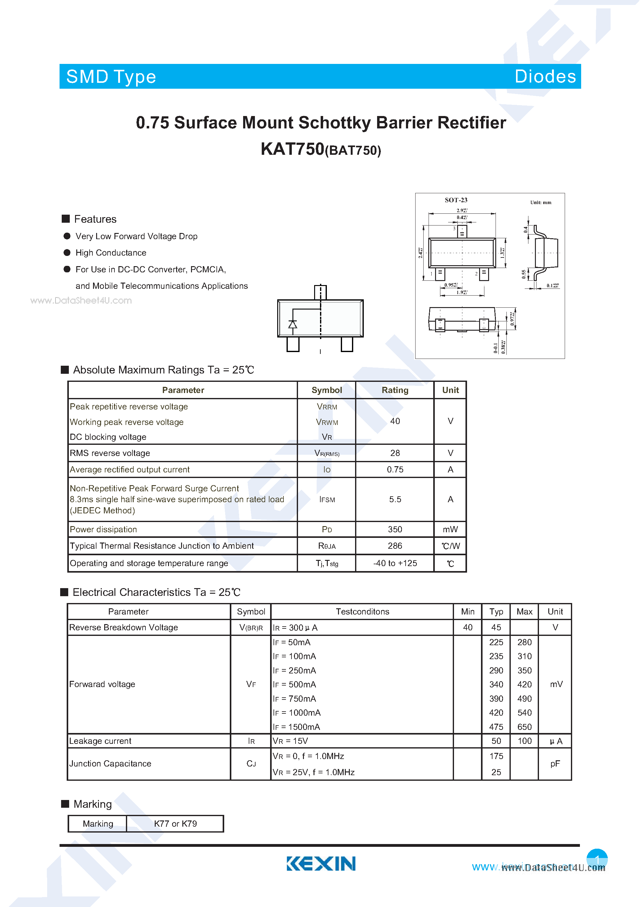 Datasheet KAT750 - 0.75 Surface Mount Schottky Barrier Rectifier page 1