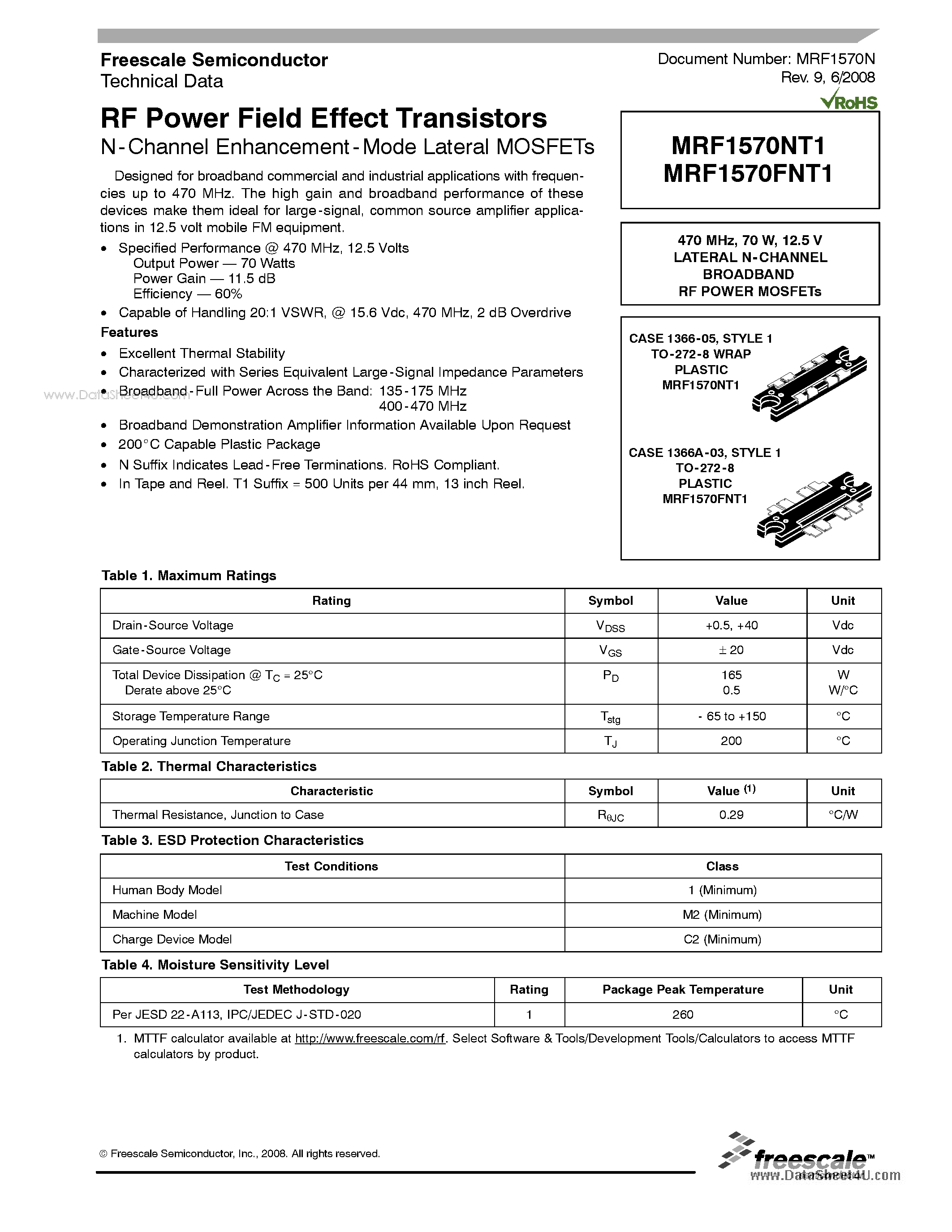 Datasheet MRF1570FNT1 page 1 Datasheet MRF1570FNT1 - RF Power Field Effect Transistors page 1