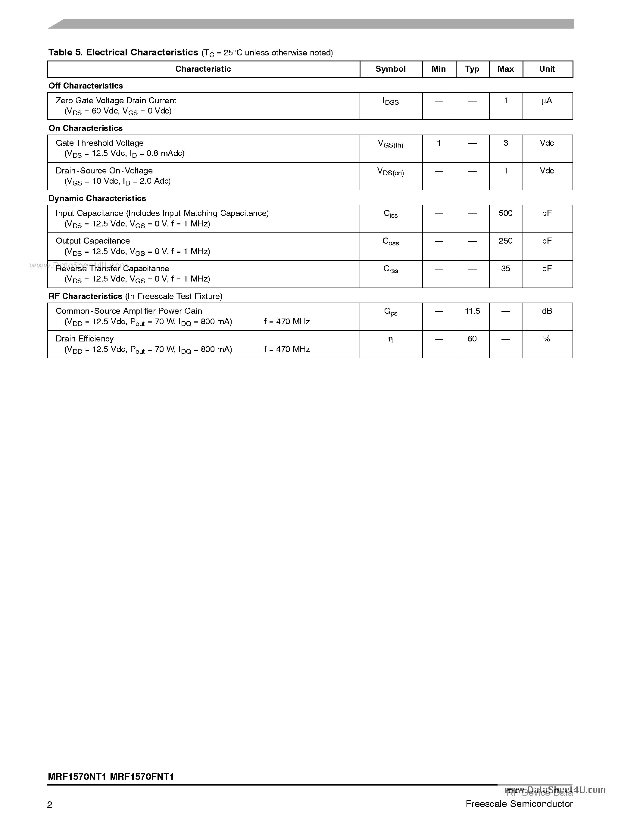 Datasheet MRF1570FNT1 page 2 Datasheet MRF1570FNT1 - RF Power Field Effect Transistors page 2