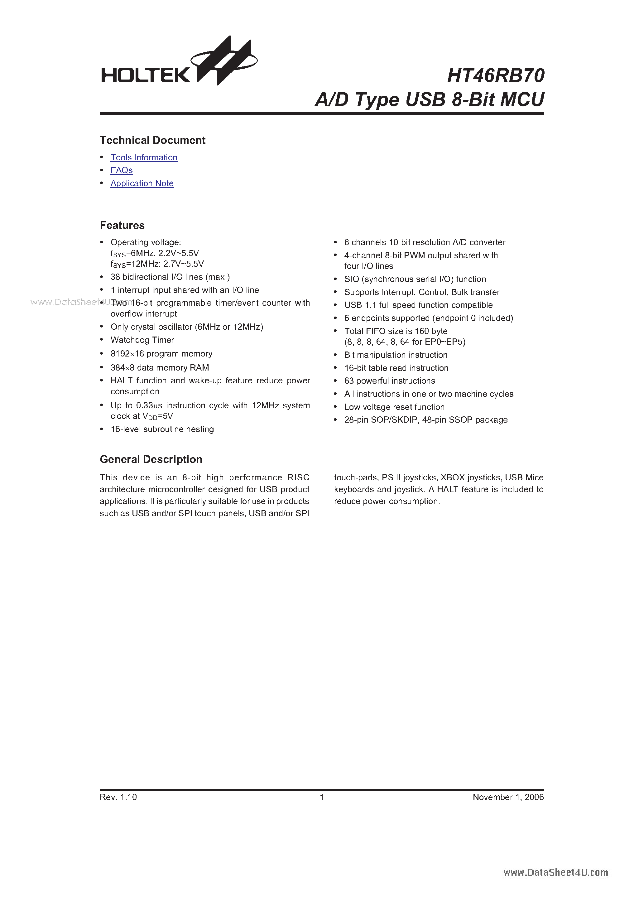 Даташит HT46RB70 - A/D Type USB 8-Bit MCU страница 1