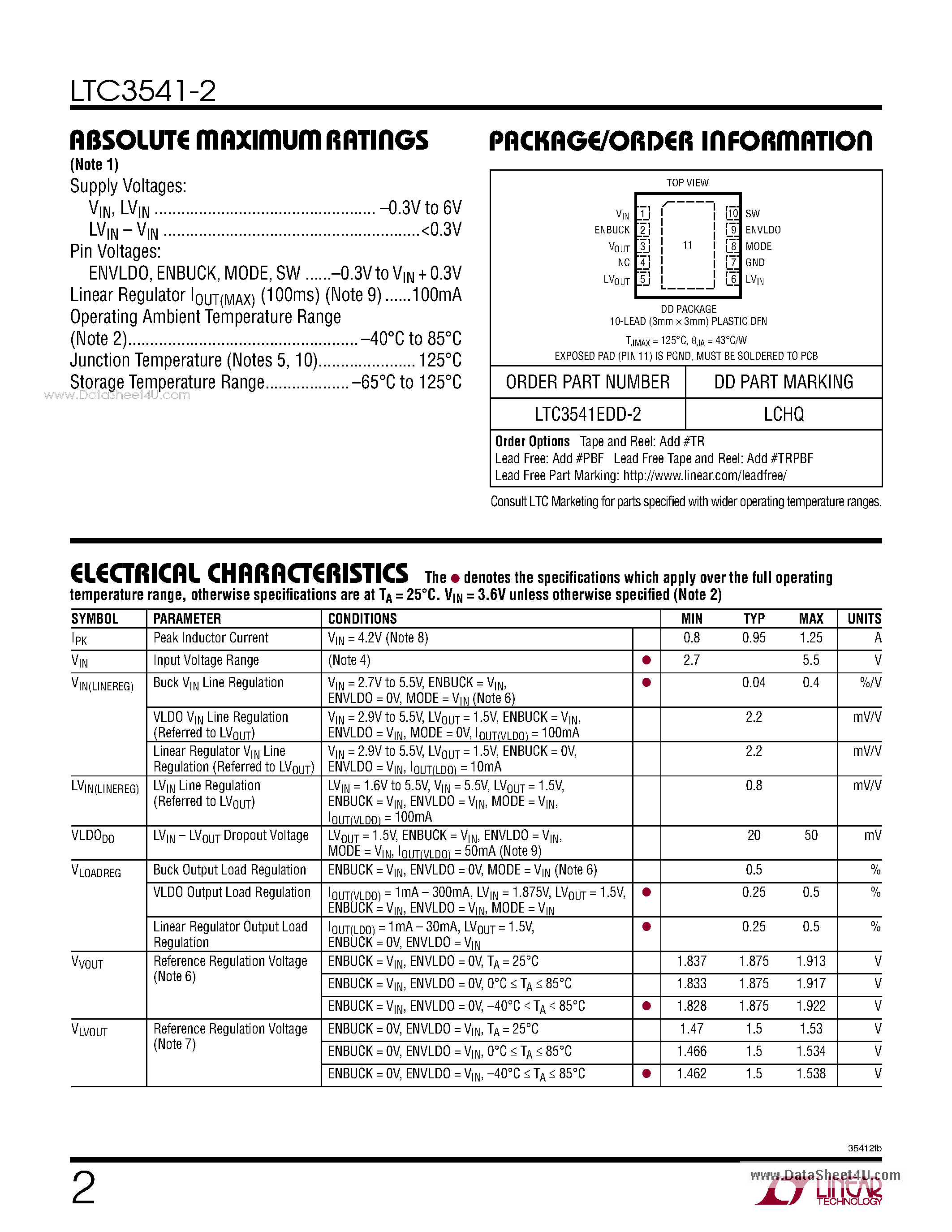 Datasheet LTC3541-2 - High Efficiency Buck + VLDO Regulator page 2