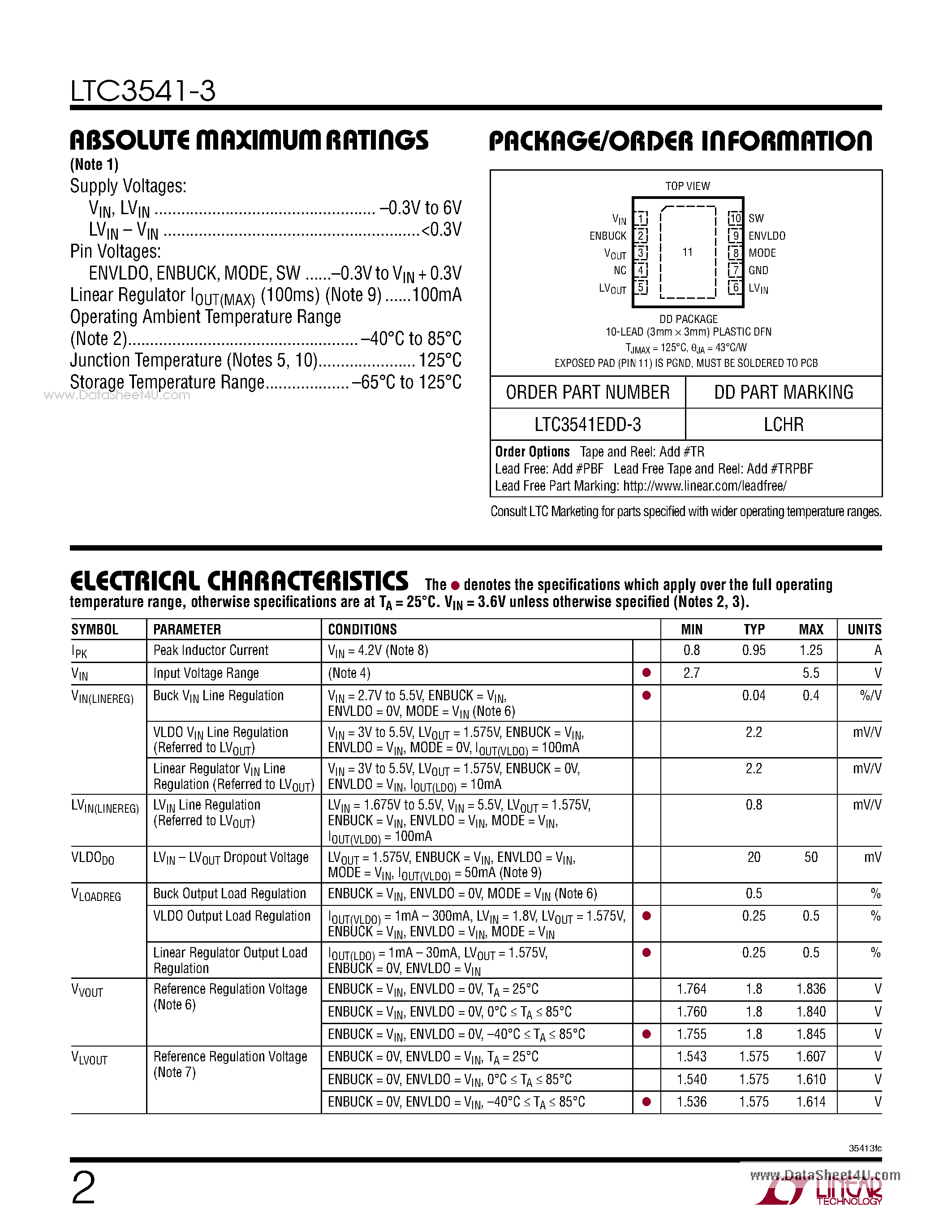 Datasheet LTC3541-3 - High Efficiency Buck + VLDO Regulator page 2