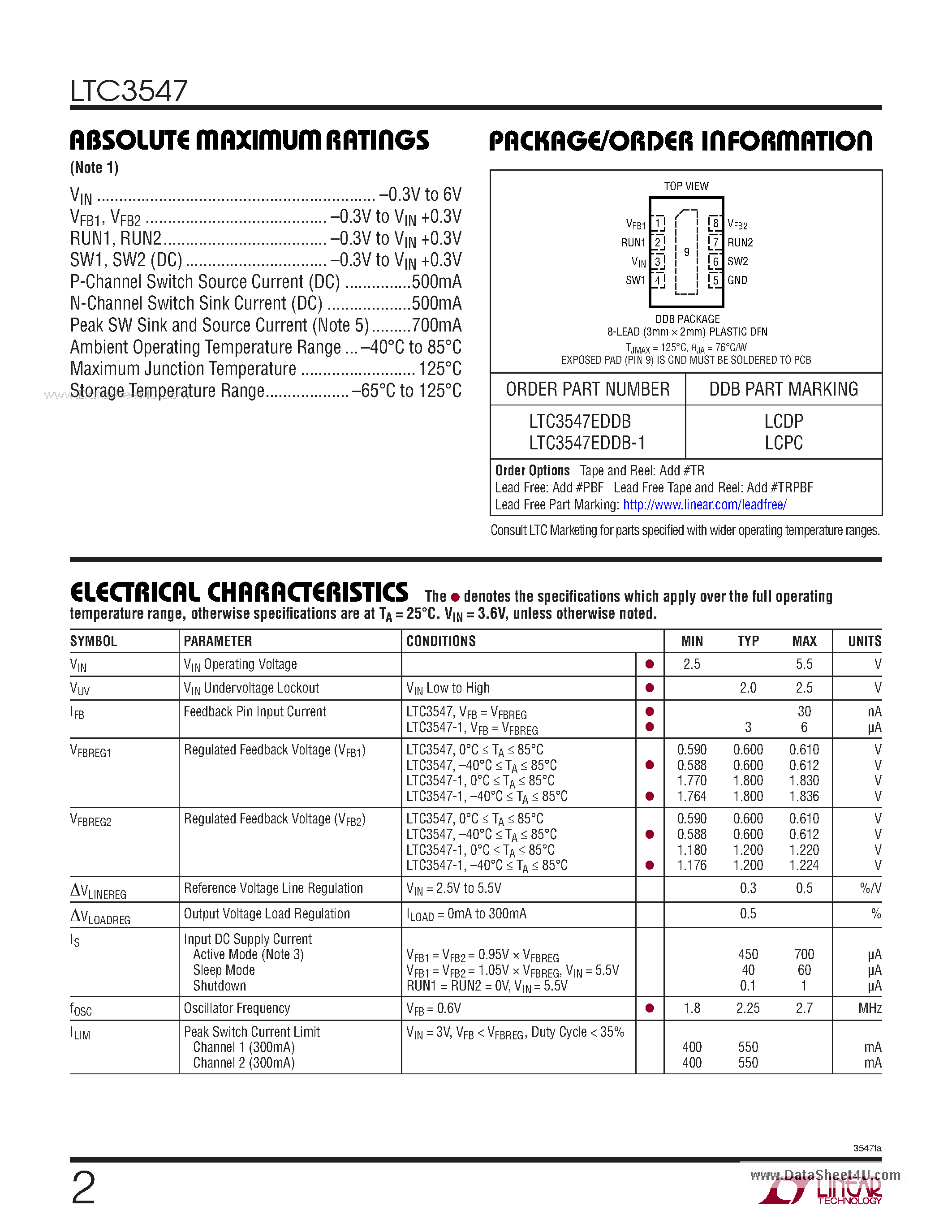Datasheet LTC3547 - Dual Monolithic 300mA Synchronous Step-Down Regulator page 2