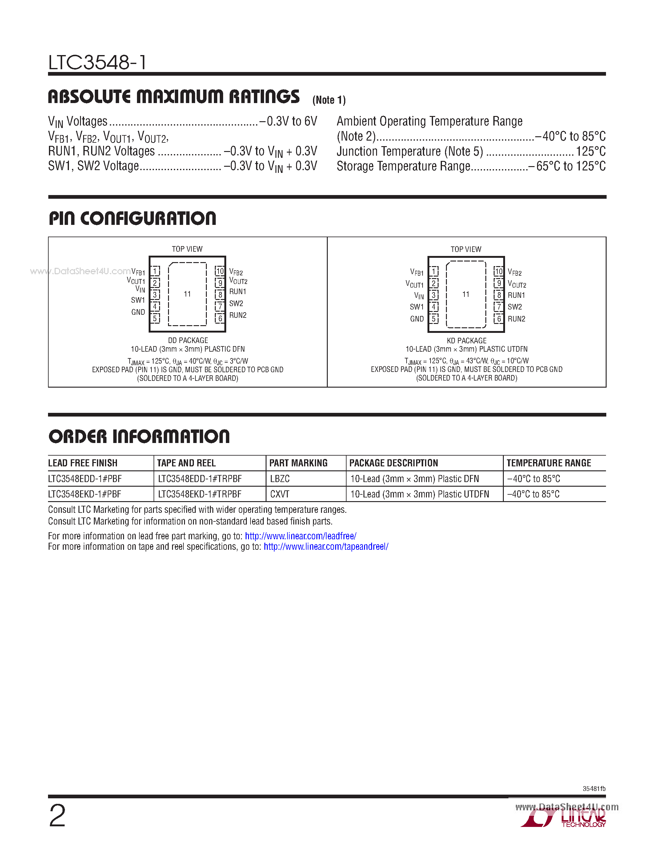 Даташит LTC3548-1 - Fixed Output 2.25MHz Step-Down DC/DC Regulator страница 2