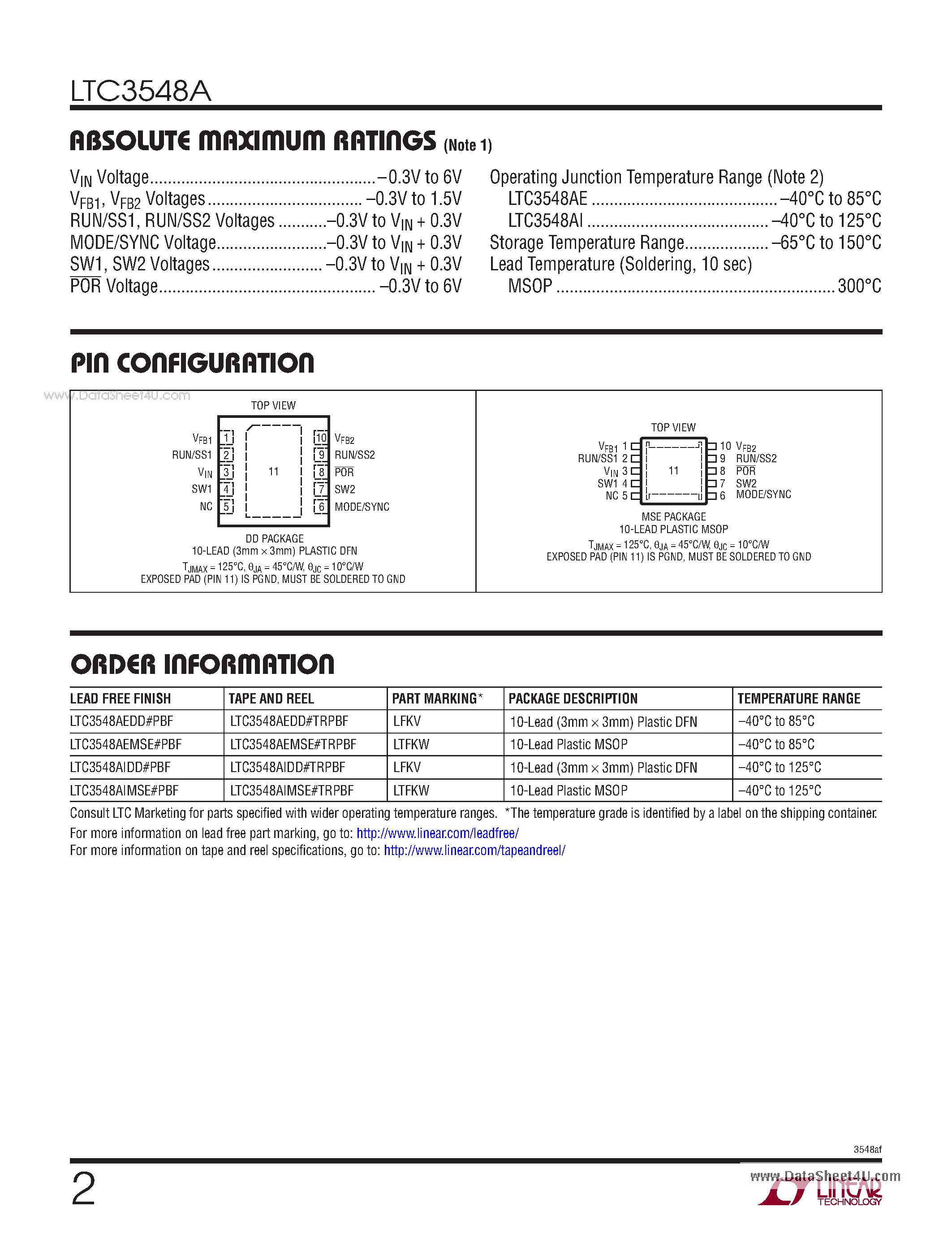 Даташит LTC3548A - 2.25MHz Step-Down DC/DC Regulator страница 2