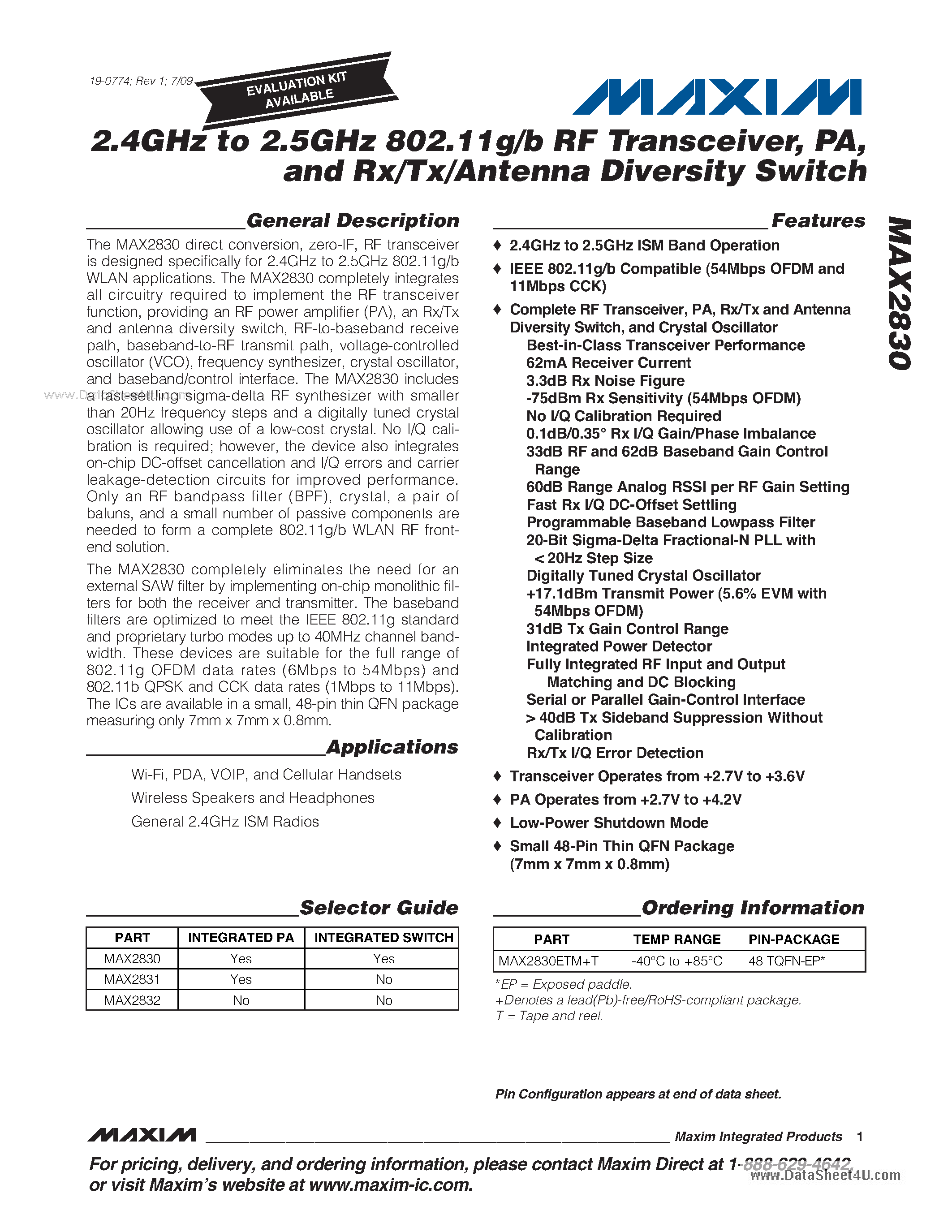 Datasheet MAX2830 - Rx/Tx/Antenna Diversity Switch page 1