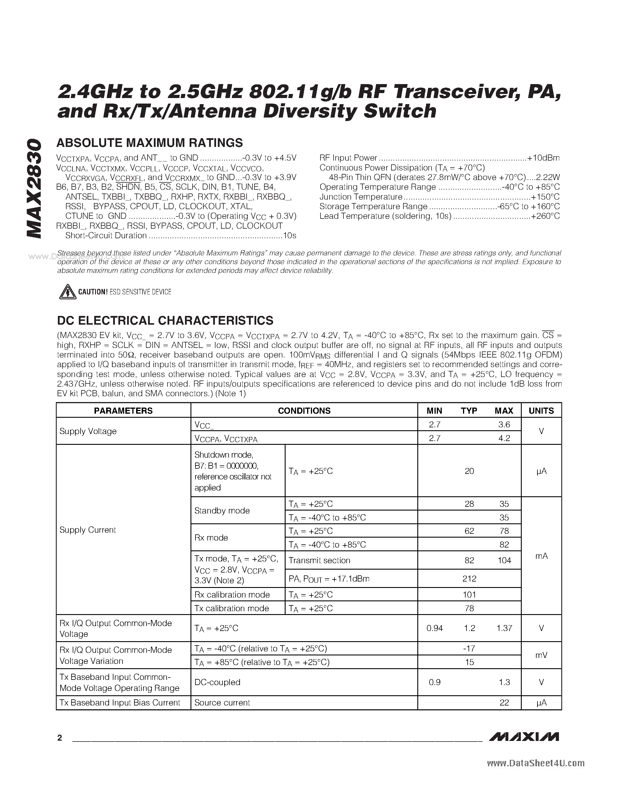 Datasheet MAX2830 - Rx/Tx/Antenna Diversity Switch page 2