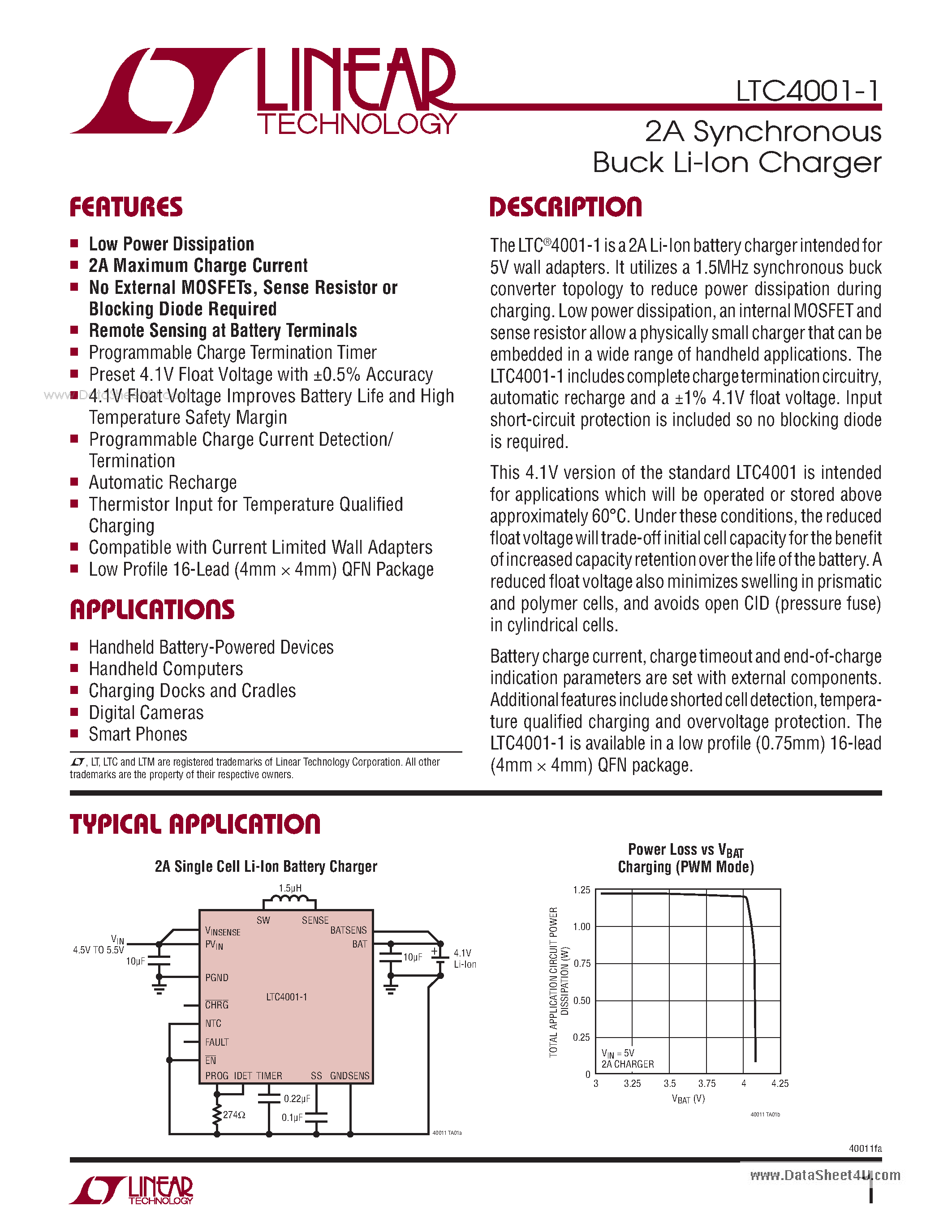 Datasheet LTC4001-1 page 1 Datasheet LTC4001-1 - 2A Synchronous Buck Li-Ion Charger page 1