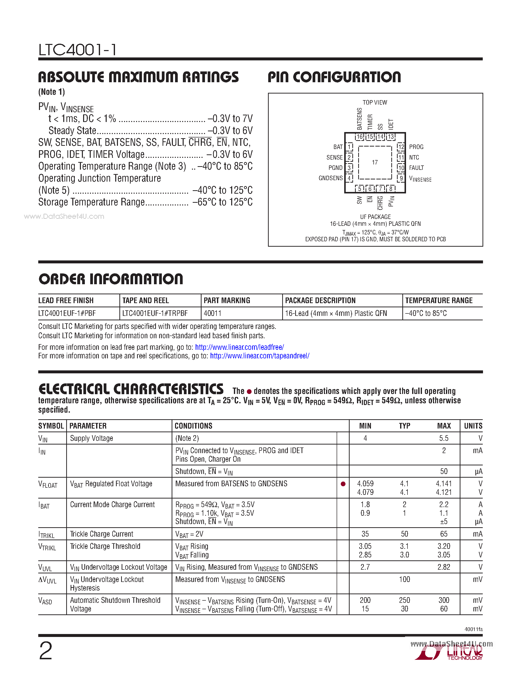 Datasheet LTC4001-1 page 2 Datasheet LTC4001-1 - 2A Synchronous Buck Li-Ion Charger page 2