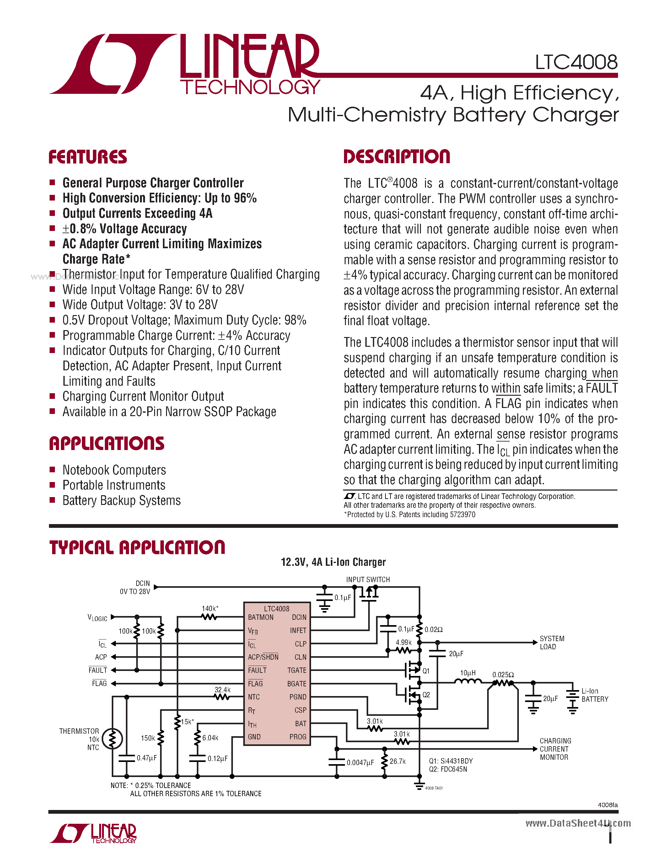 Datasheet LTC4008 - Multi-Chemistry Battery Charger page 1
