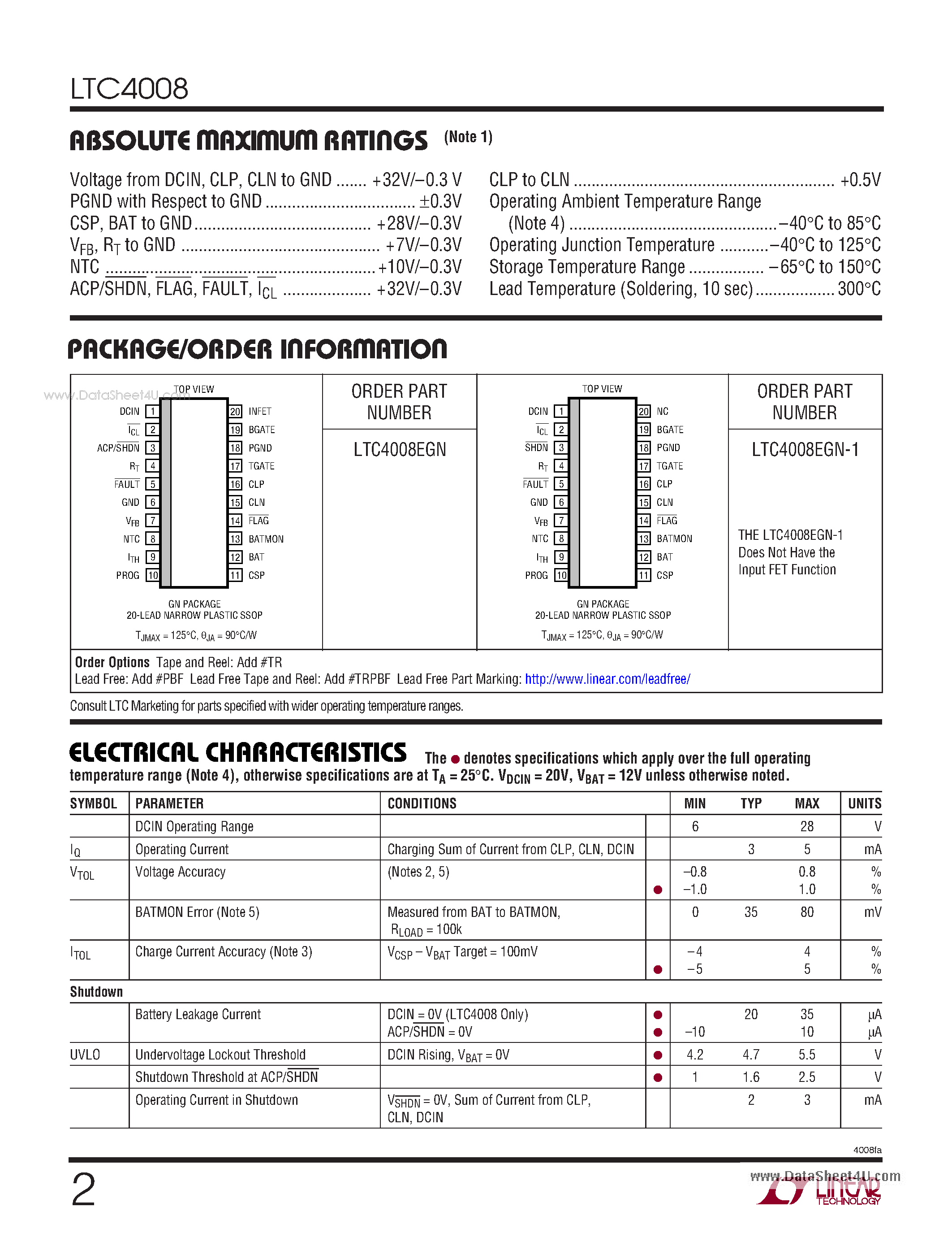 Datasheet LTC4008 - Multi-Chemistry Battery Charger page 2