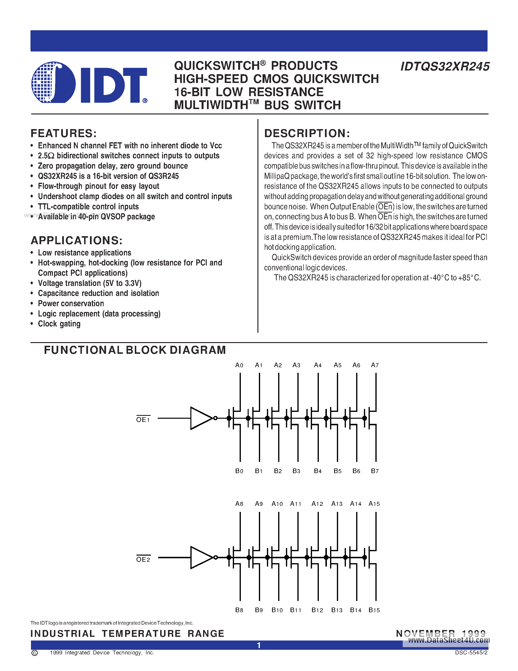 Datasheet IDTQS32XR245 page 1 Datasheet IDTQS32XR245 - QUICKSWITCH PRODUCTS HIGH-SPEED CMOS QUICKSWITCH 16-BIT LOW RESISTANCE MULTIWIDTH BUS SWITCH page 1