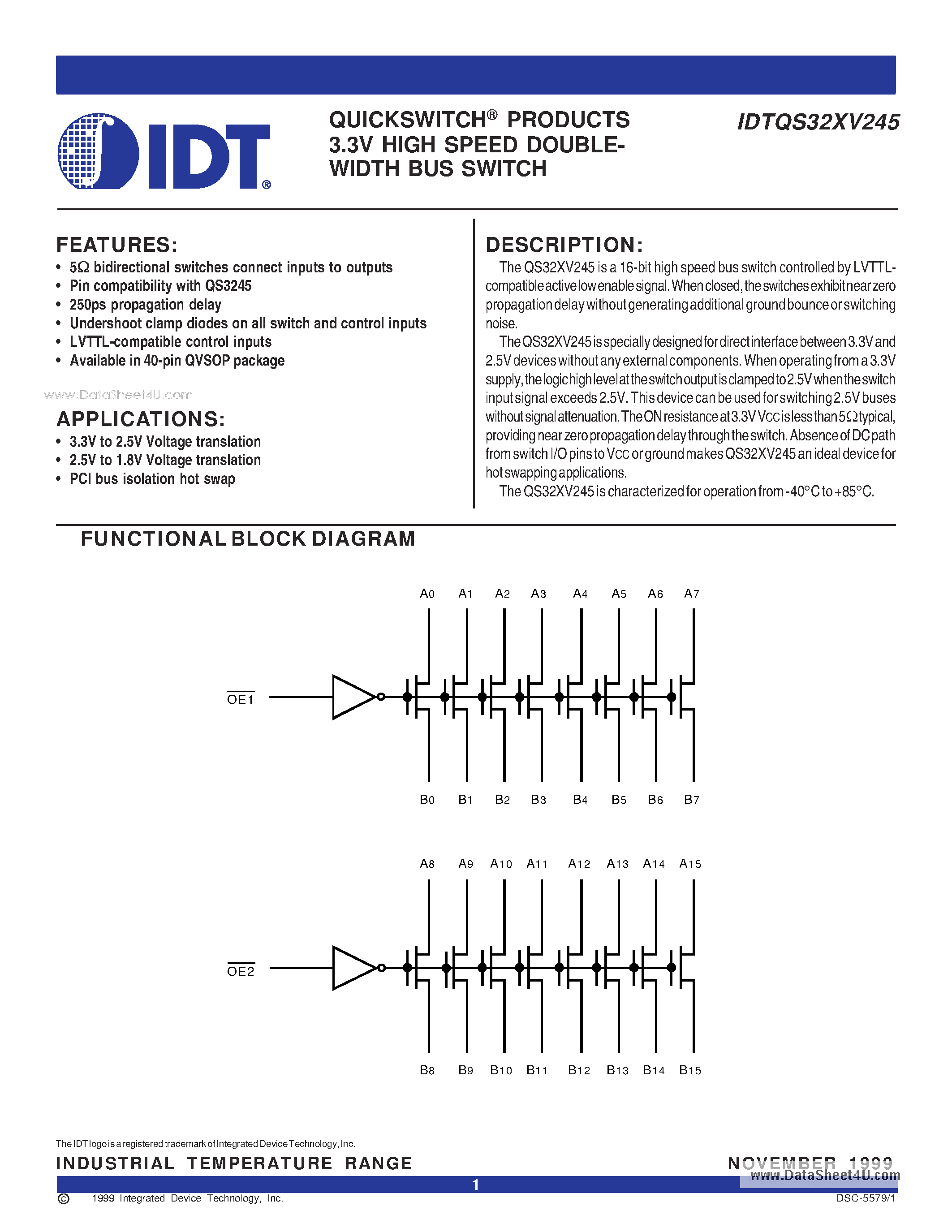 Даташит IDTQS32XV245 - QUICKSWITCH-R PRODUCTS 3.3V HIGH SPEED DOUBLE - DOUBLEWIDTH страница 1