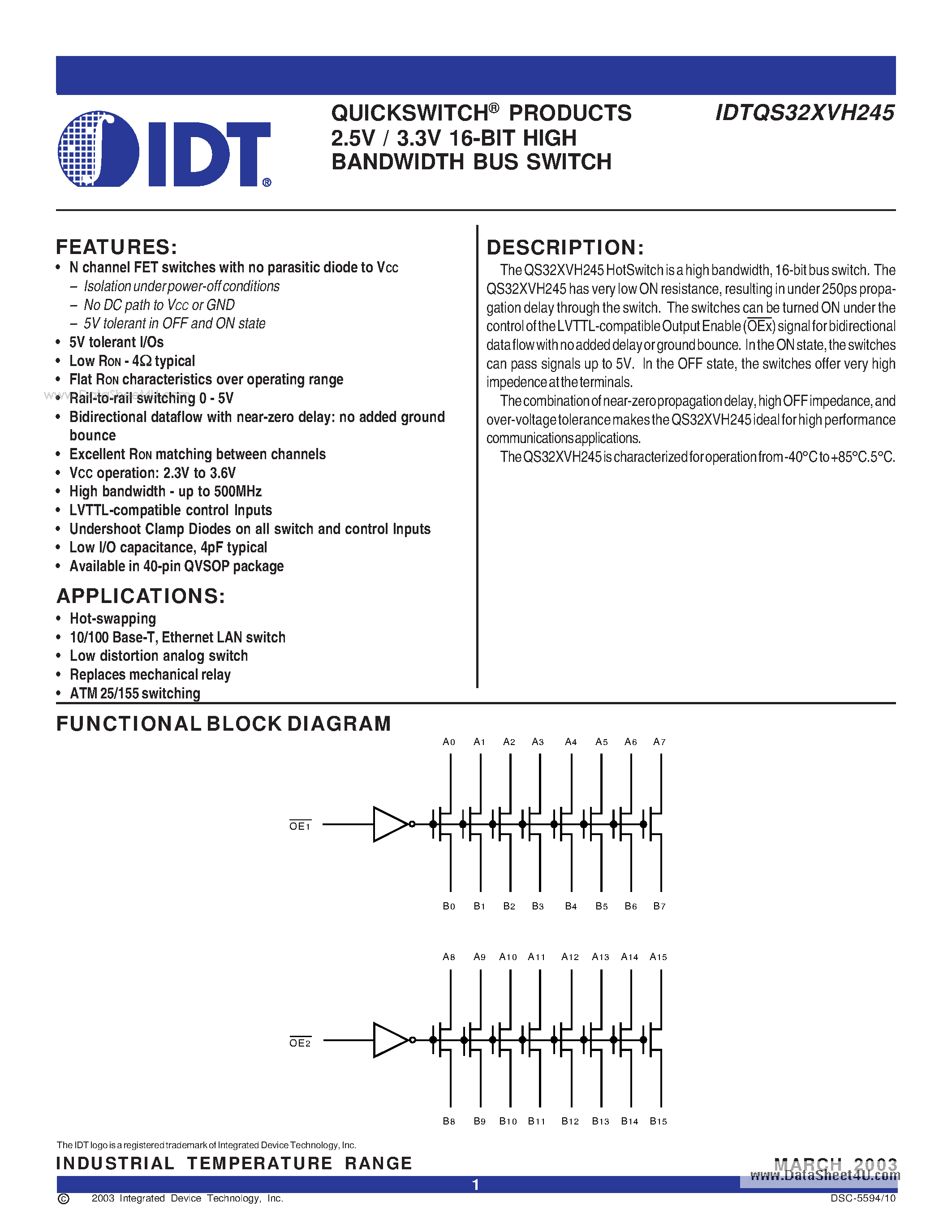 Datasheet IDTQS32XVH245 - 2.5V / 3.3V 16-BIT HIGH BANDWIDTH BUS SWITCH page 1