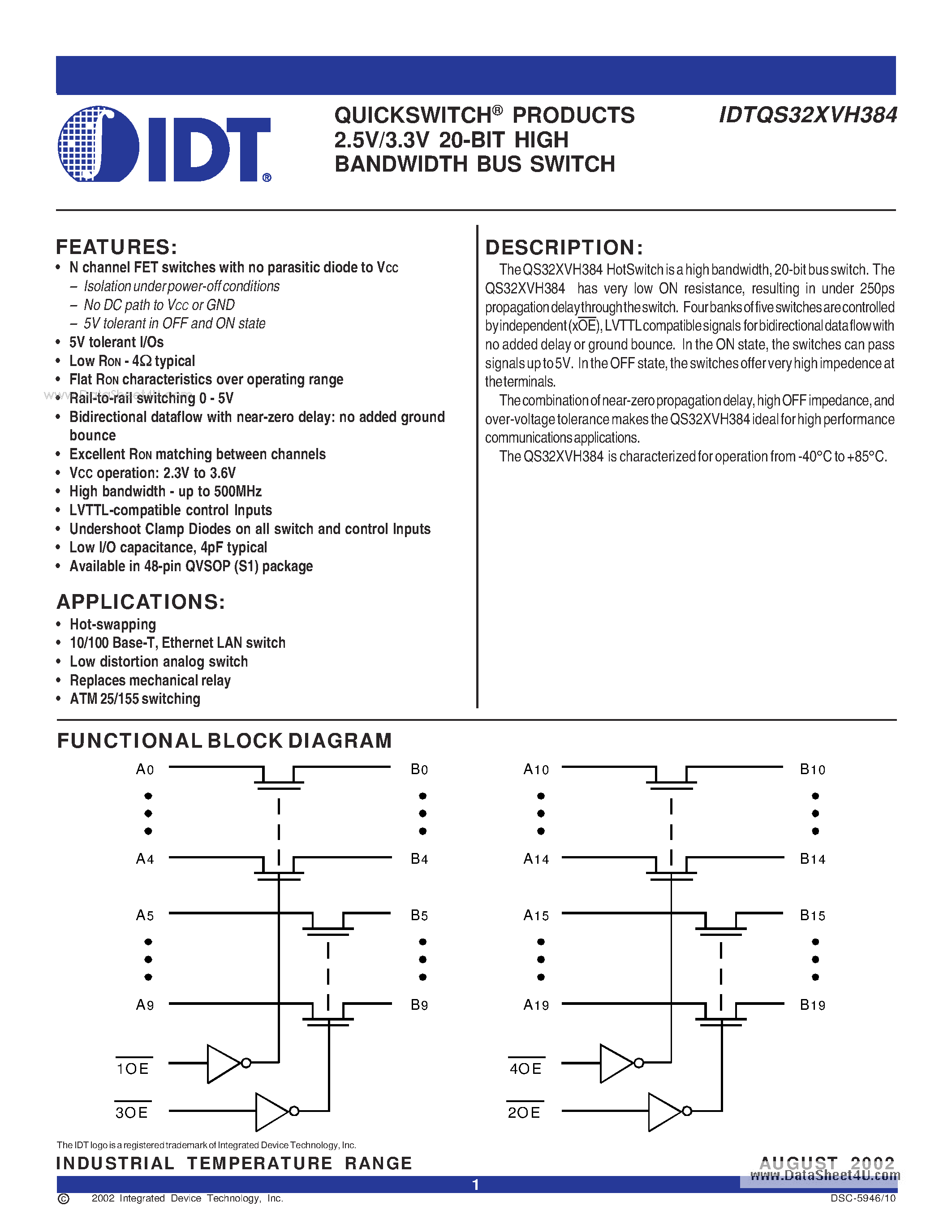 Datasheet IDTQS32XVH384 - QUICKSWITCH PRODUCTS 2.5V/3.3V 20-BIT HIGH BANDWIDTH BUS SWITCH page 1