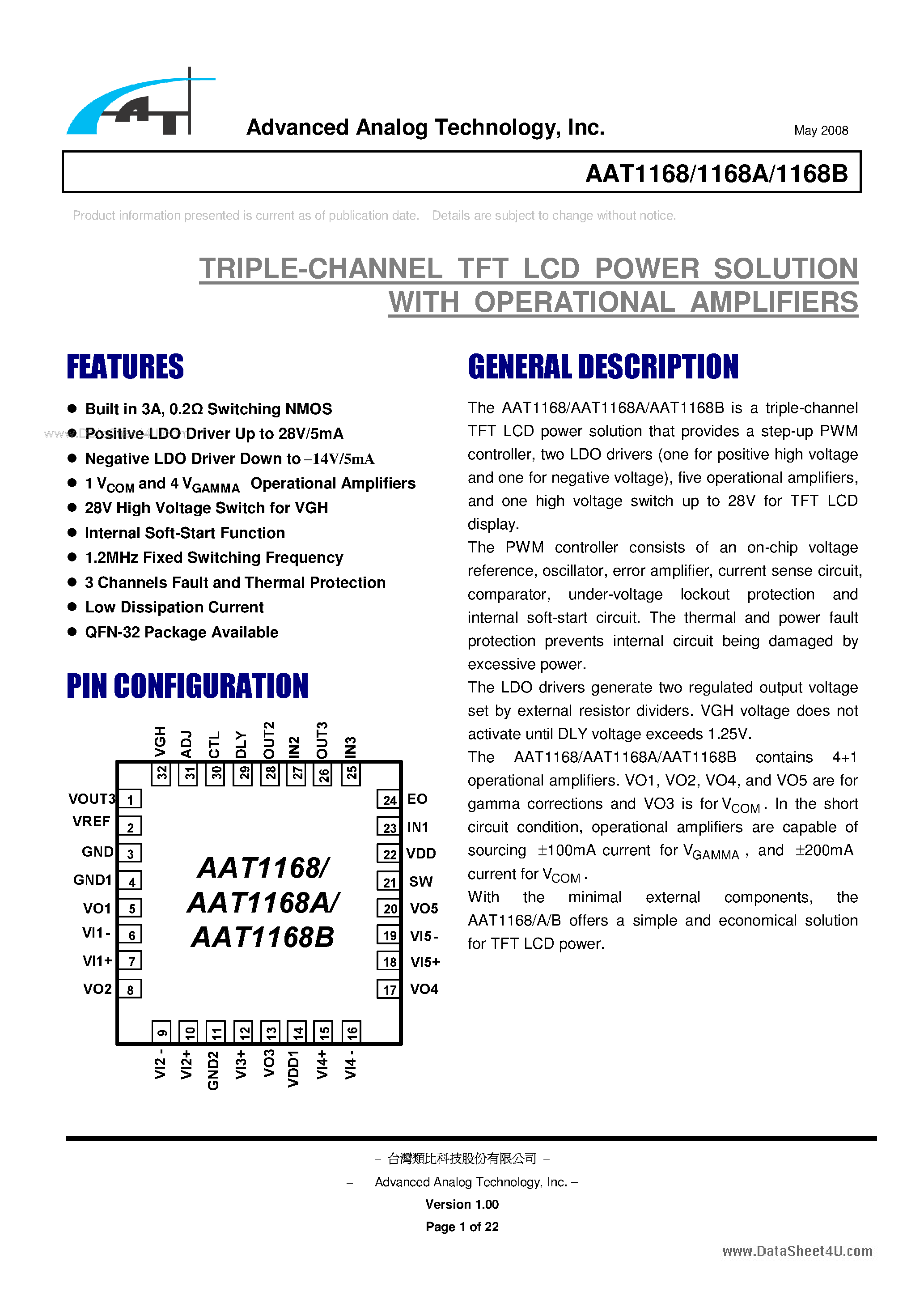 Даташит на микросхему AAT1168 страница 1 Даташит AAT1168 - TRIPLE-CHANNEL TFT LCD POWER SOLUTION страница 1