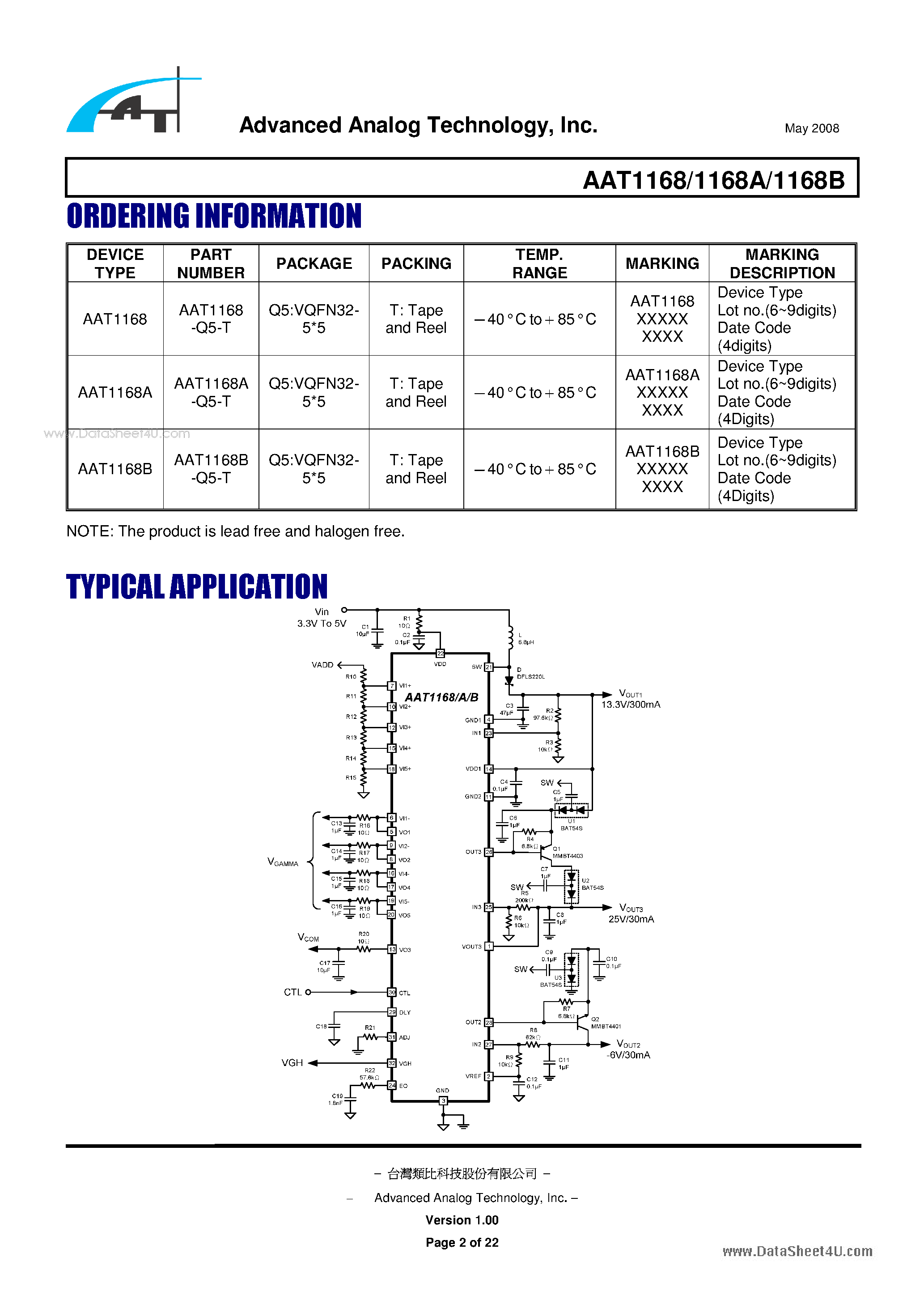 Даташит на микросхему AAT1168 страница 2 Даташит AAT1168 - TRIPLE-CHANNEL TFT LCD POWER SOLUTION страница 2
