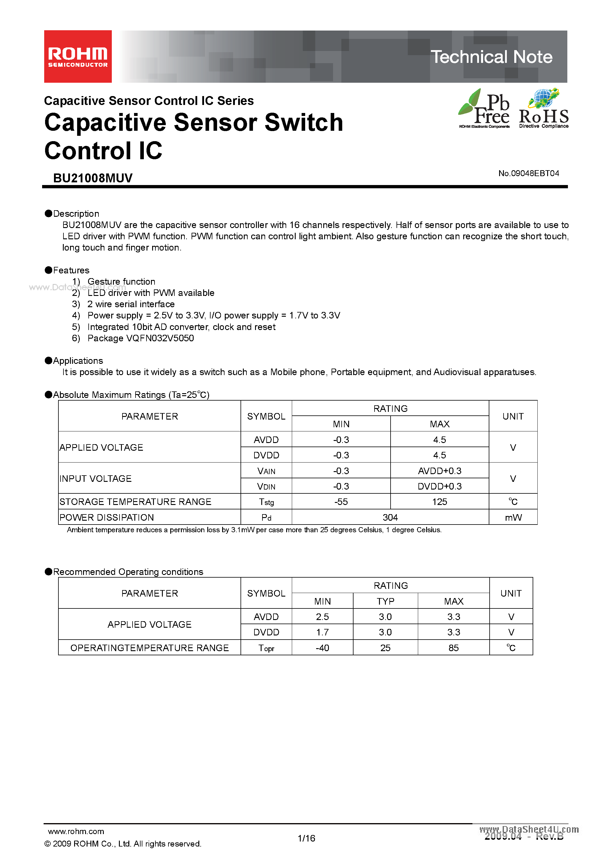 Даташит на микросхему BU21008MUV страница 1 Даташит BU21008MUV - Capacitive Sensor Switch Control IC страница 1