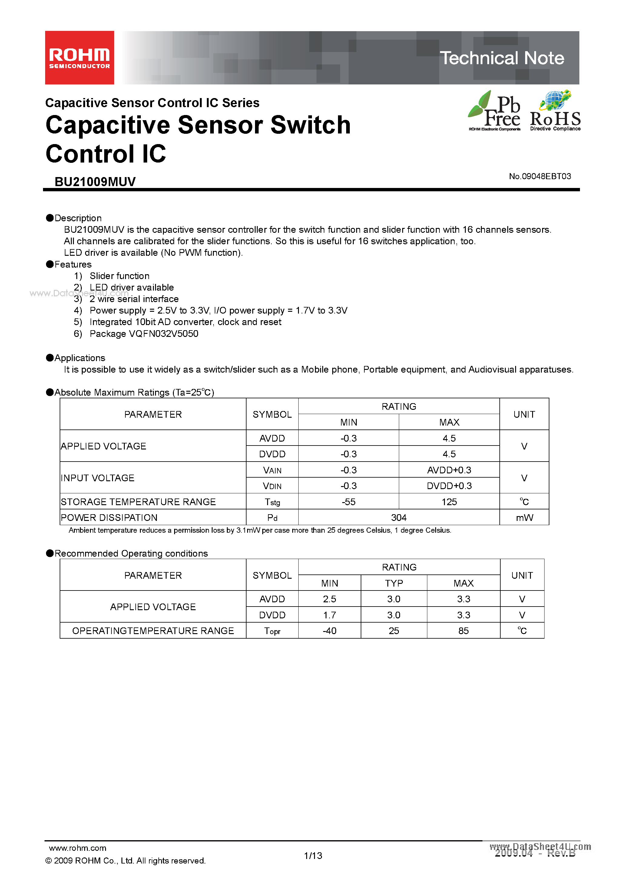 Даташит на микросхему BU21009MUV страница 1 Даташит BU21009MUV - Capacitive Sensor Switch Control IC страница 1