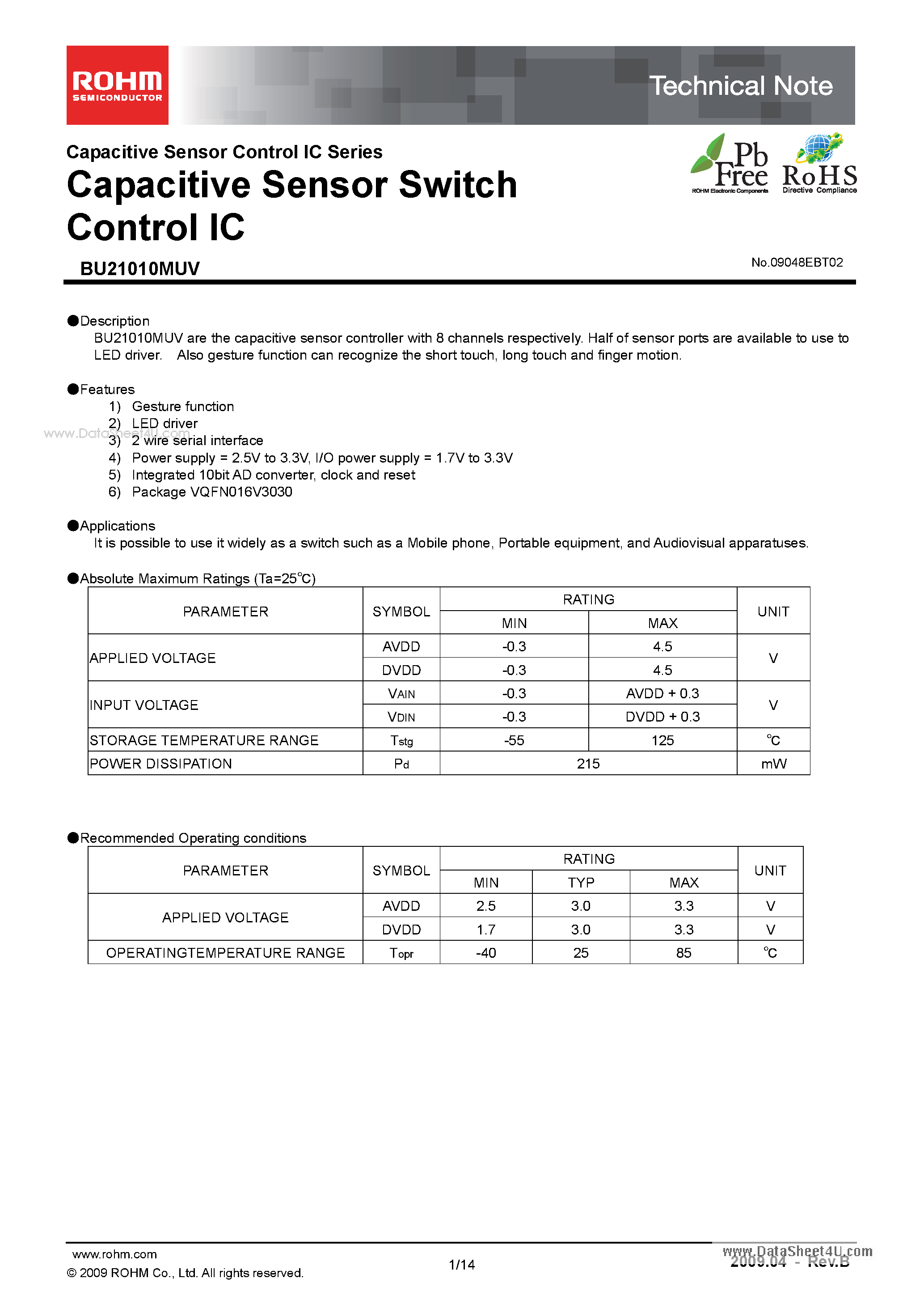 Даташит на микросхему BU21010MUV страница 1 Даташит BU21010MUV - Capacitive Sensor Switch Control IC страница 1