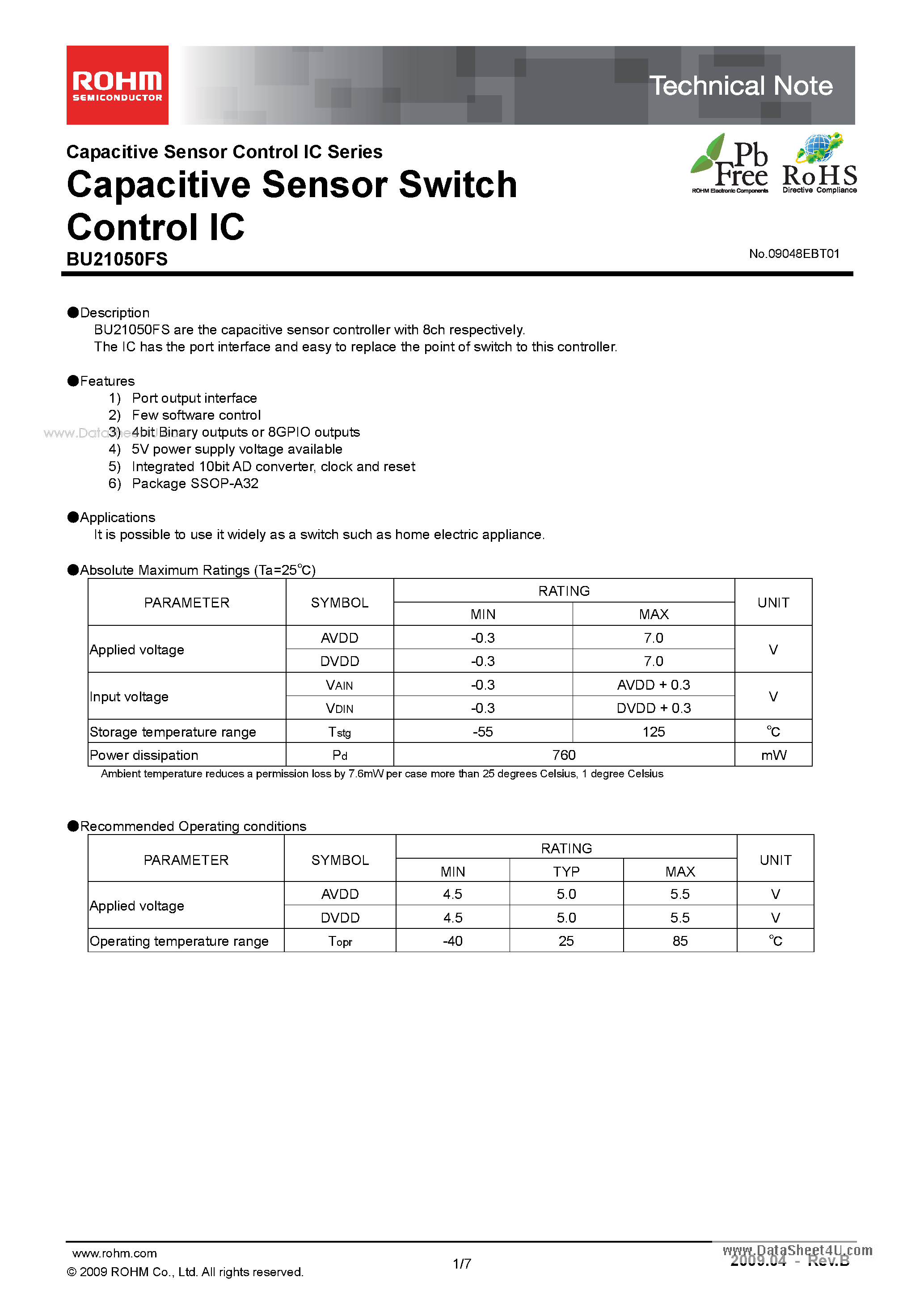 Даташит BU21050FS - Capacitive Sensor Switch Control IC страница 1