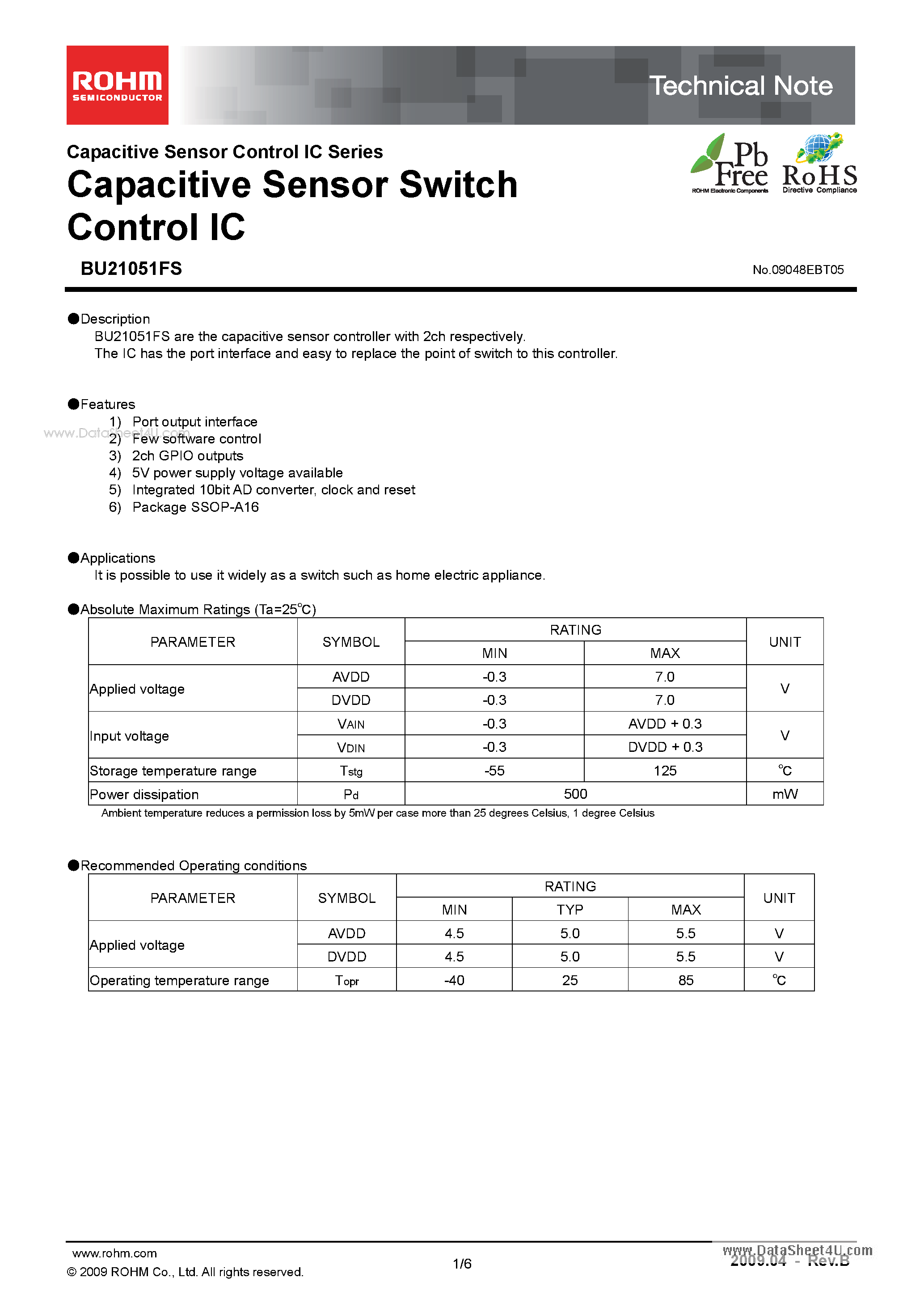 Даташит BU21051FS - Capacitive Sensor Switch Control IC страница 1