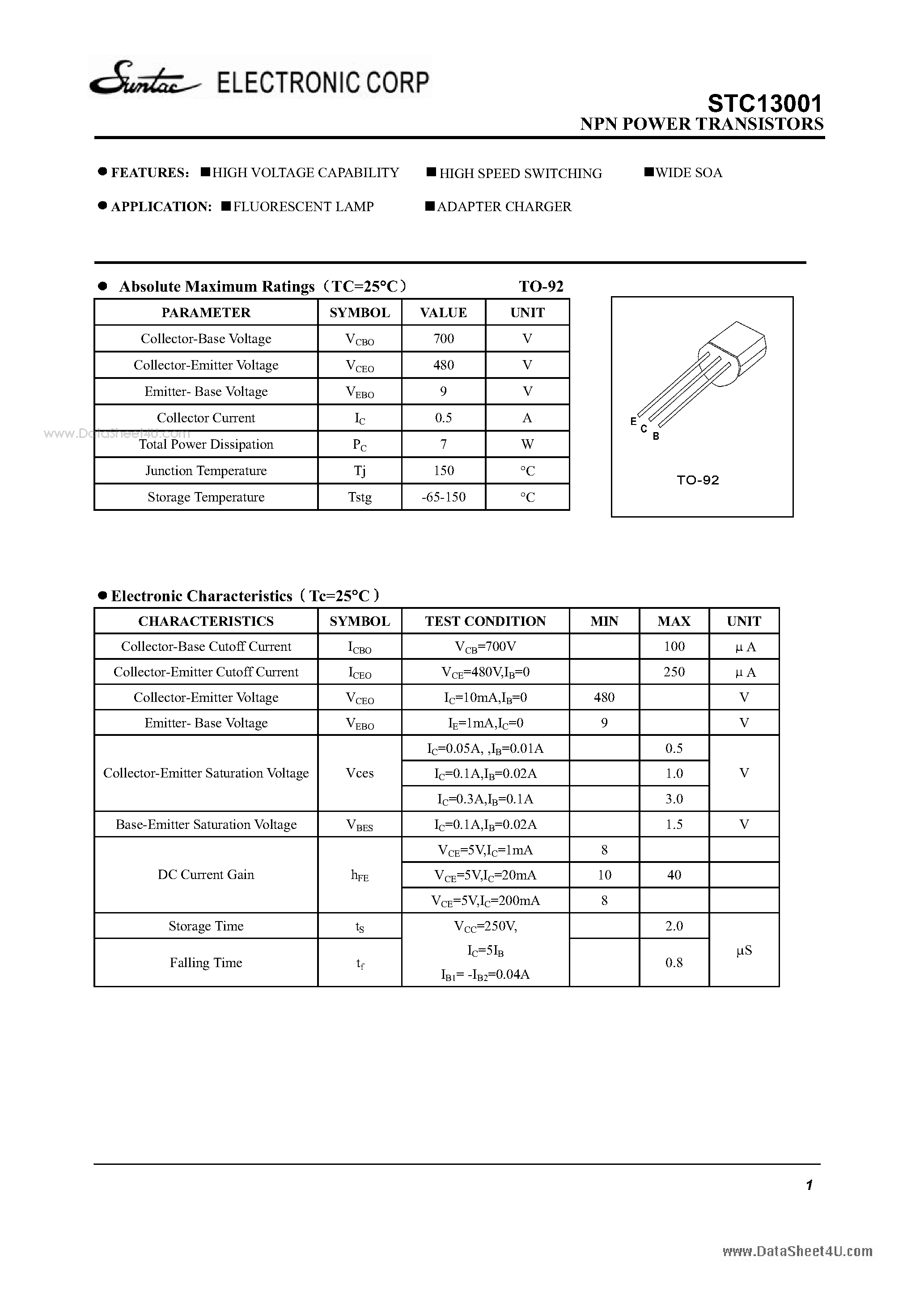 Datasheet STC13001 page 1 Datasheet STC13001 - NPN POWER TRANSISTORS page 1