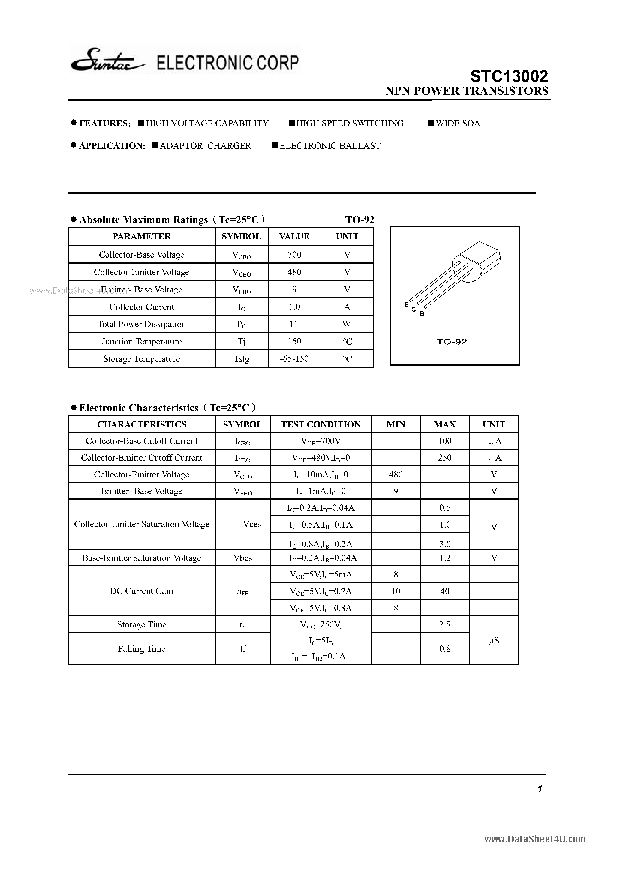 Datasheet STC13002 - NPN POWER TRANSISTORS page 1