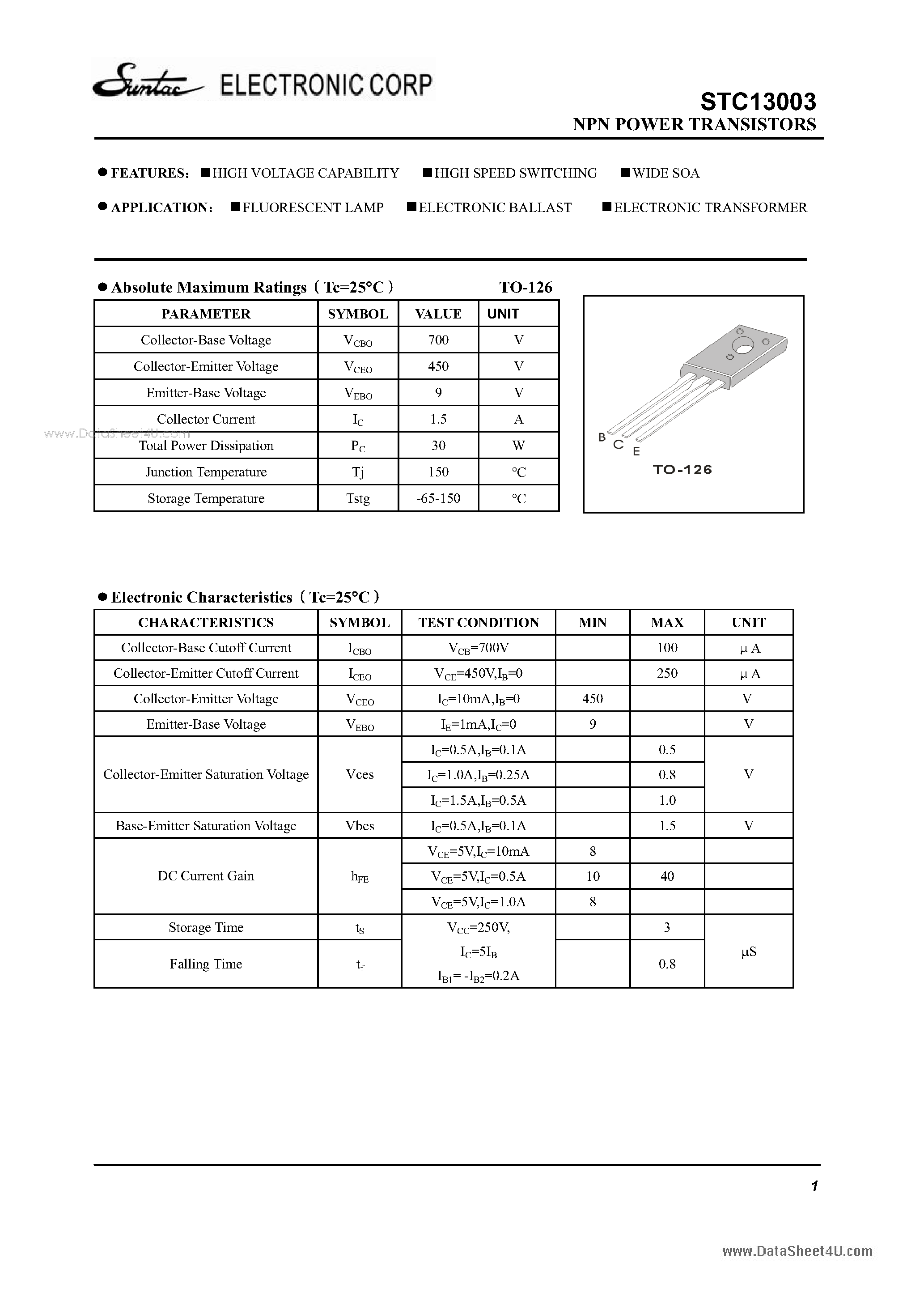 Datasheet STC13003 - NPN POWER TRANSISTORS page 1
