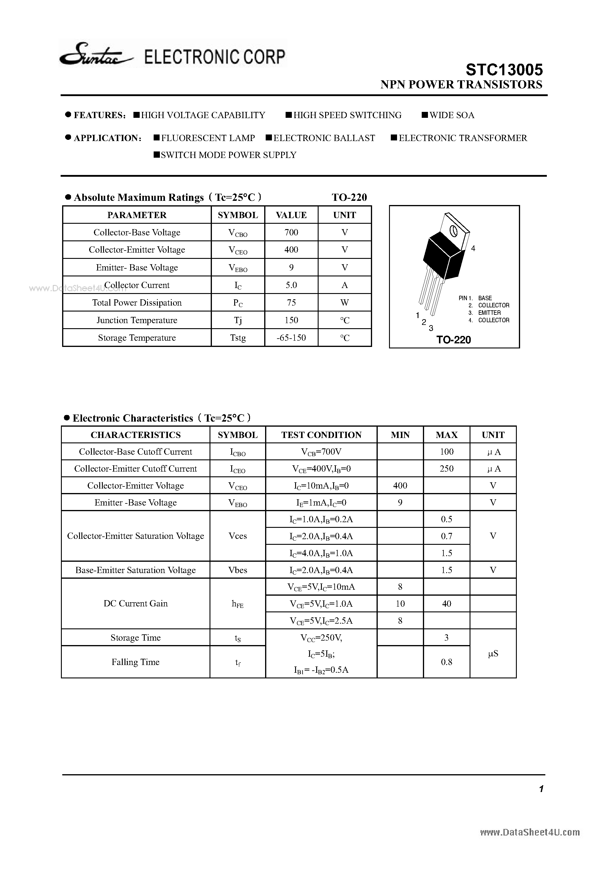Datasheet STC13005 - NPN POWER TRANSISTORS page 1
