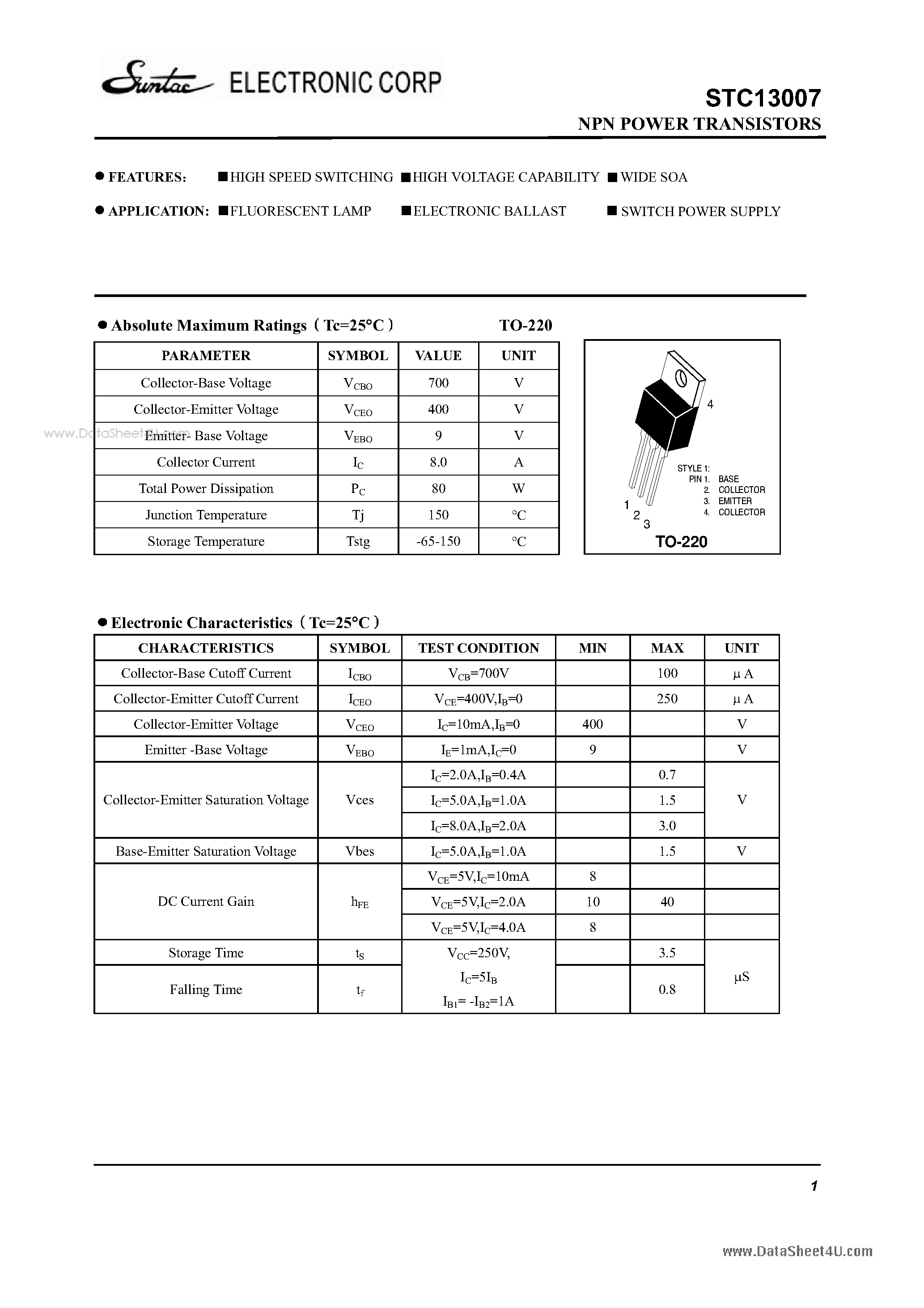 Datasheet STC13007 - NPN POWER TRANSISTORS page 1