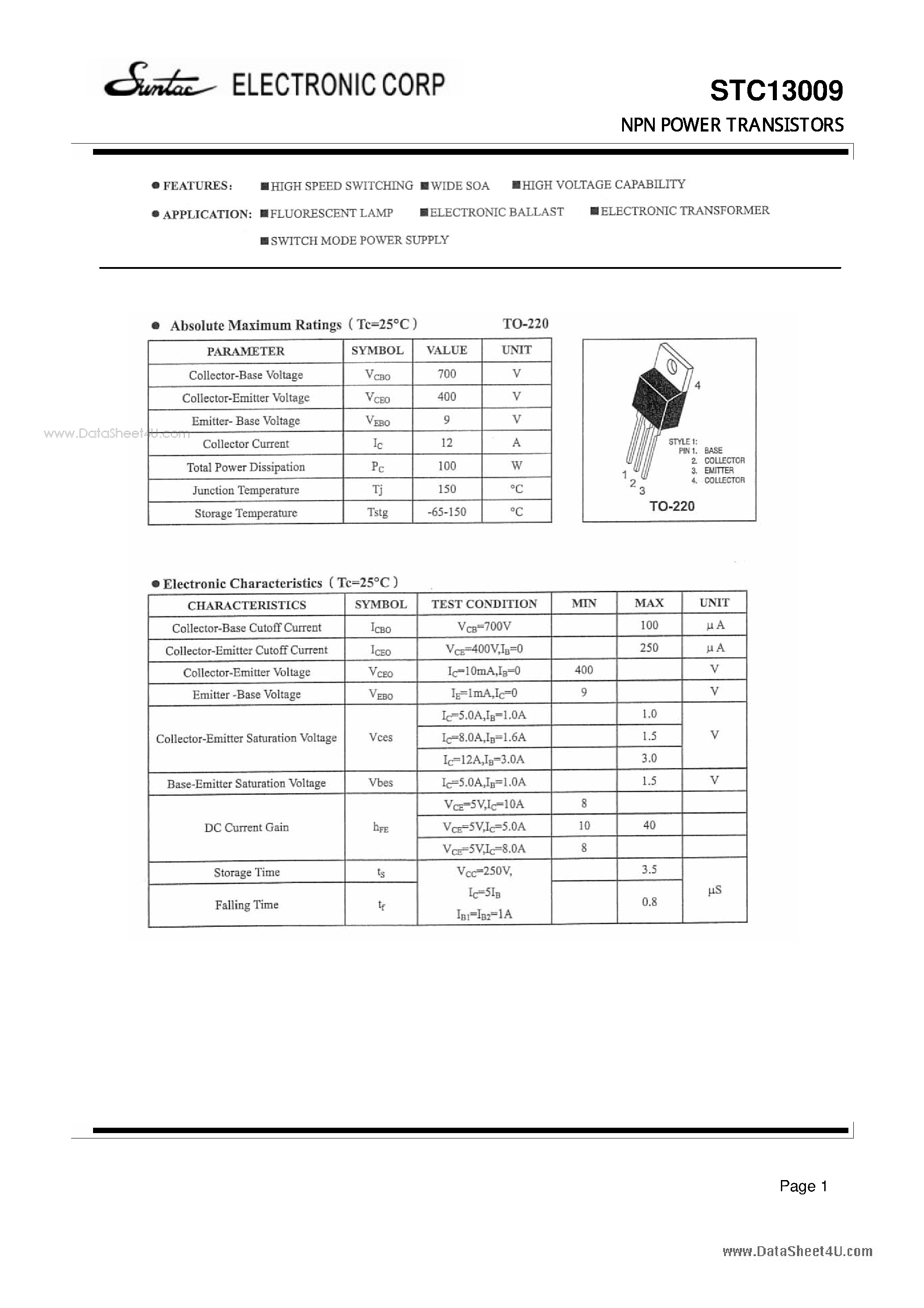 Datasheet STC13009 - NPN POWER TRANSISTORS page 1