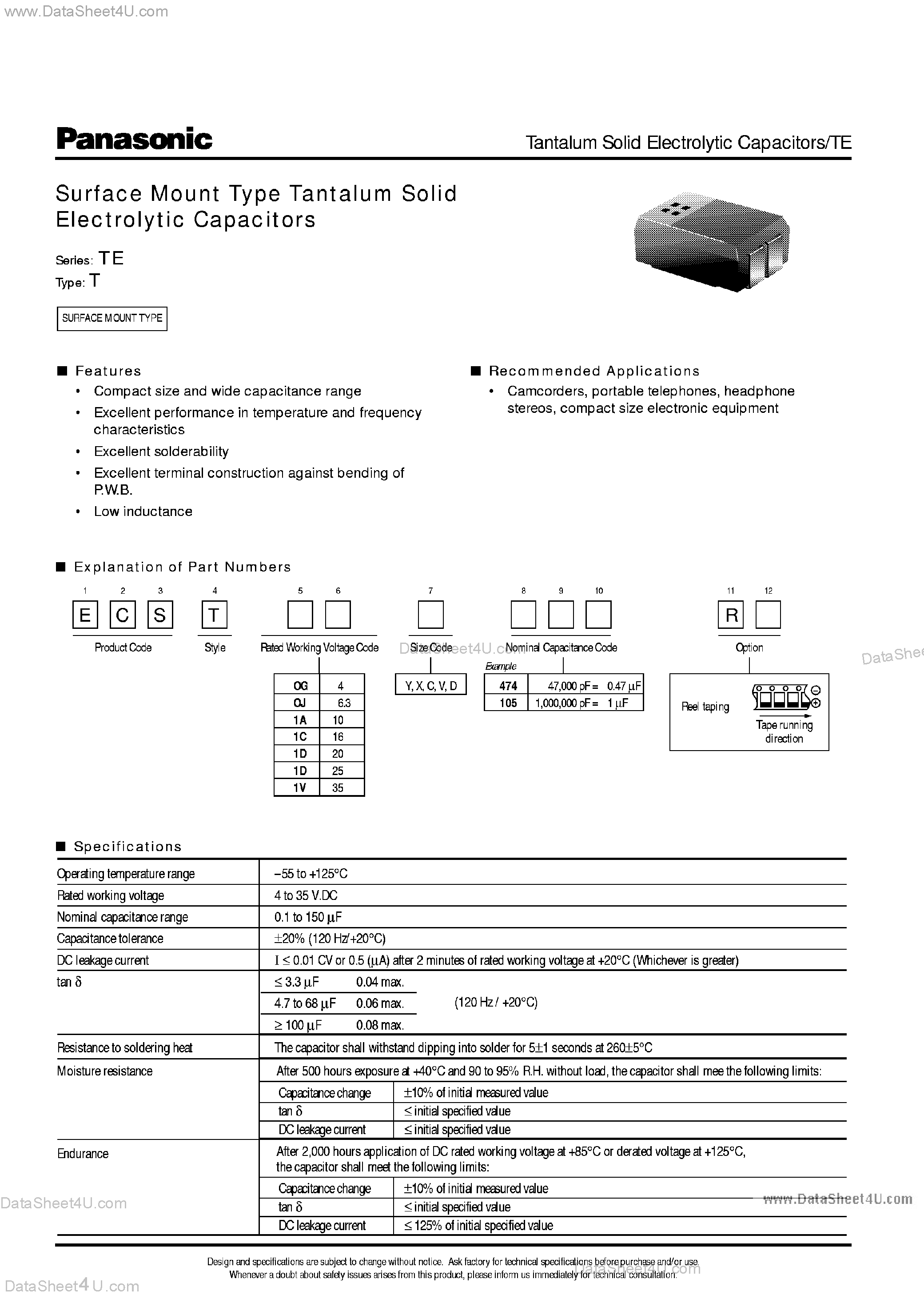 Datasheet ECS-T1AD107R - Surface mount Type Tantalum Soild Electrolytic Capacitors page 1