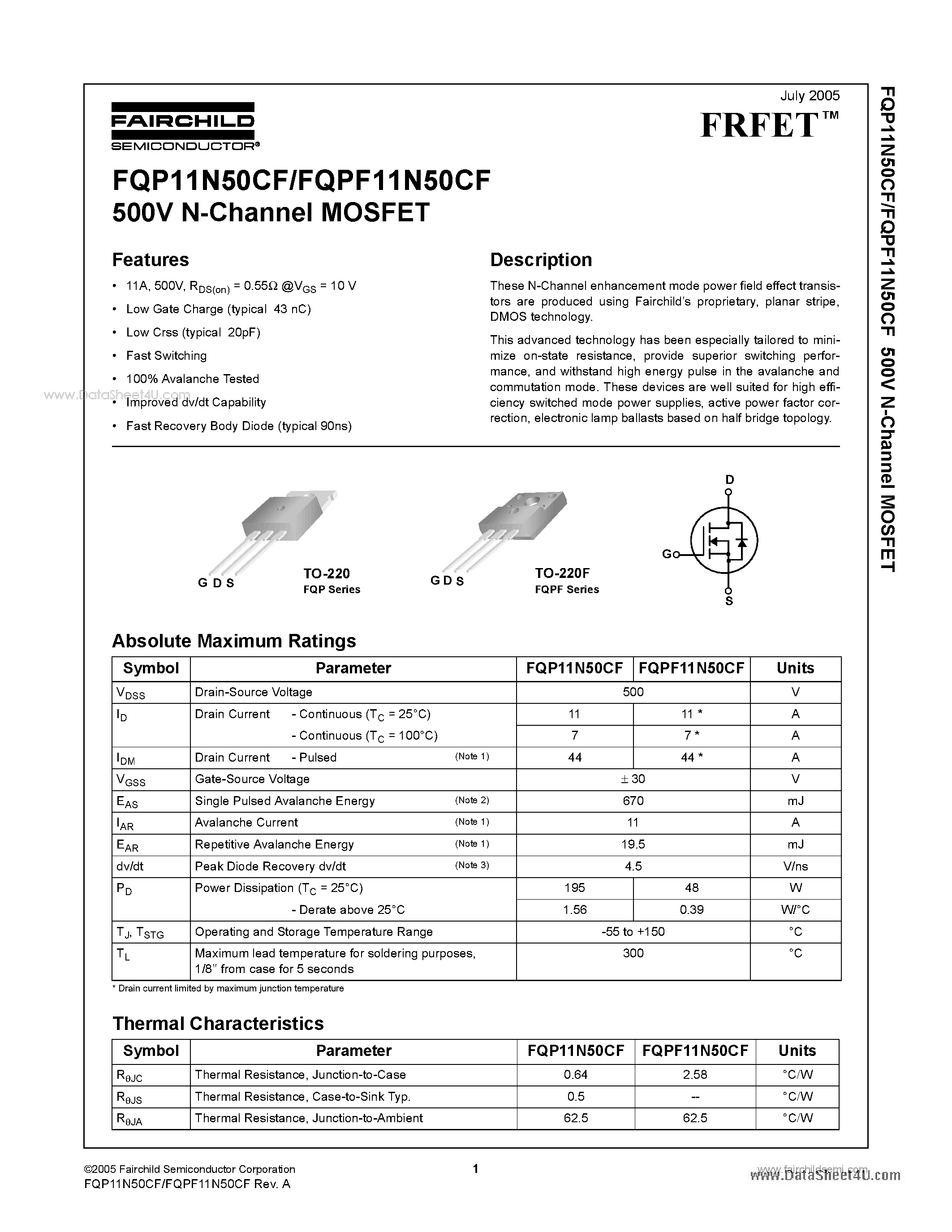 Даташит FQP11N50CF - 500V N-Channel MOSFET страница 1