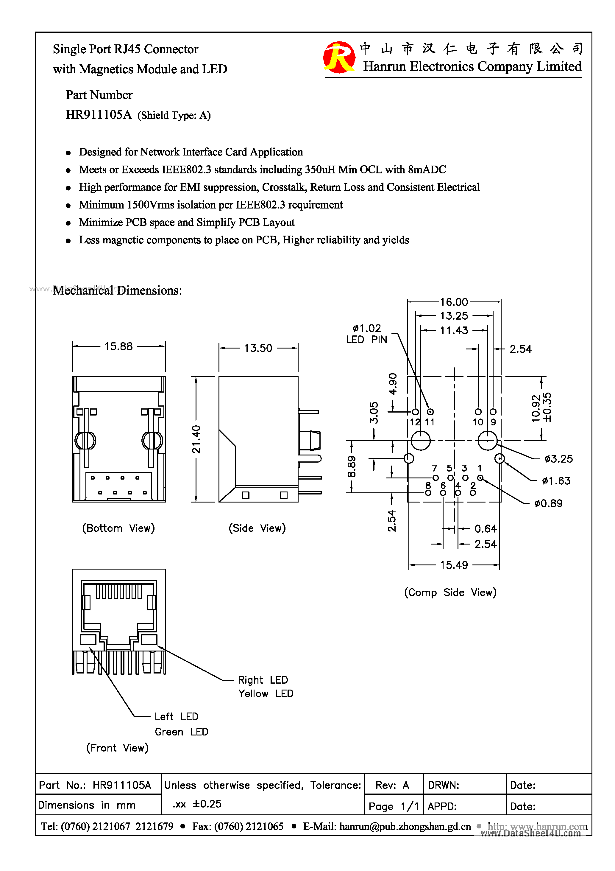 Даташит на микросхему HR911105A страница 1 Даташит HR911105A - Single Port RJ45 Connector страница 1