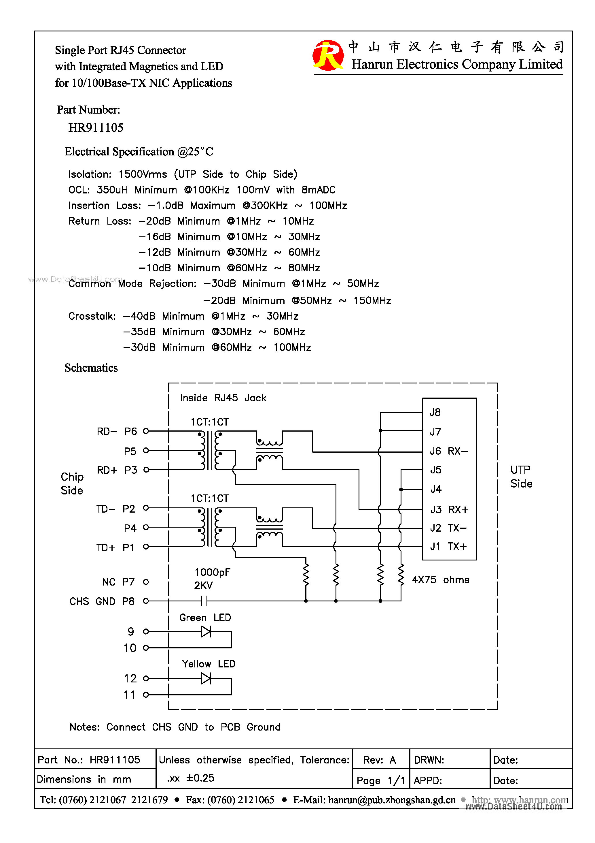 Даташит на микросхему HR911105A страница 2 Даташит HR911105A - Single Port RJ45 Connector страница 2