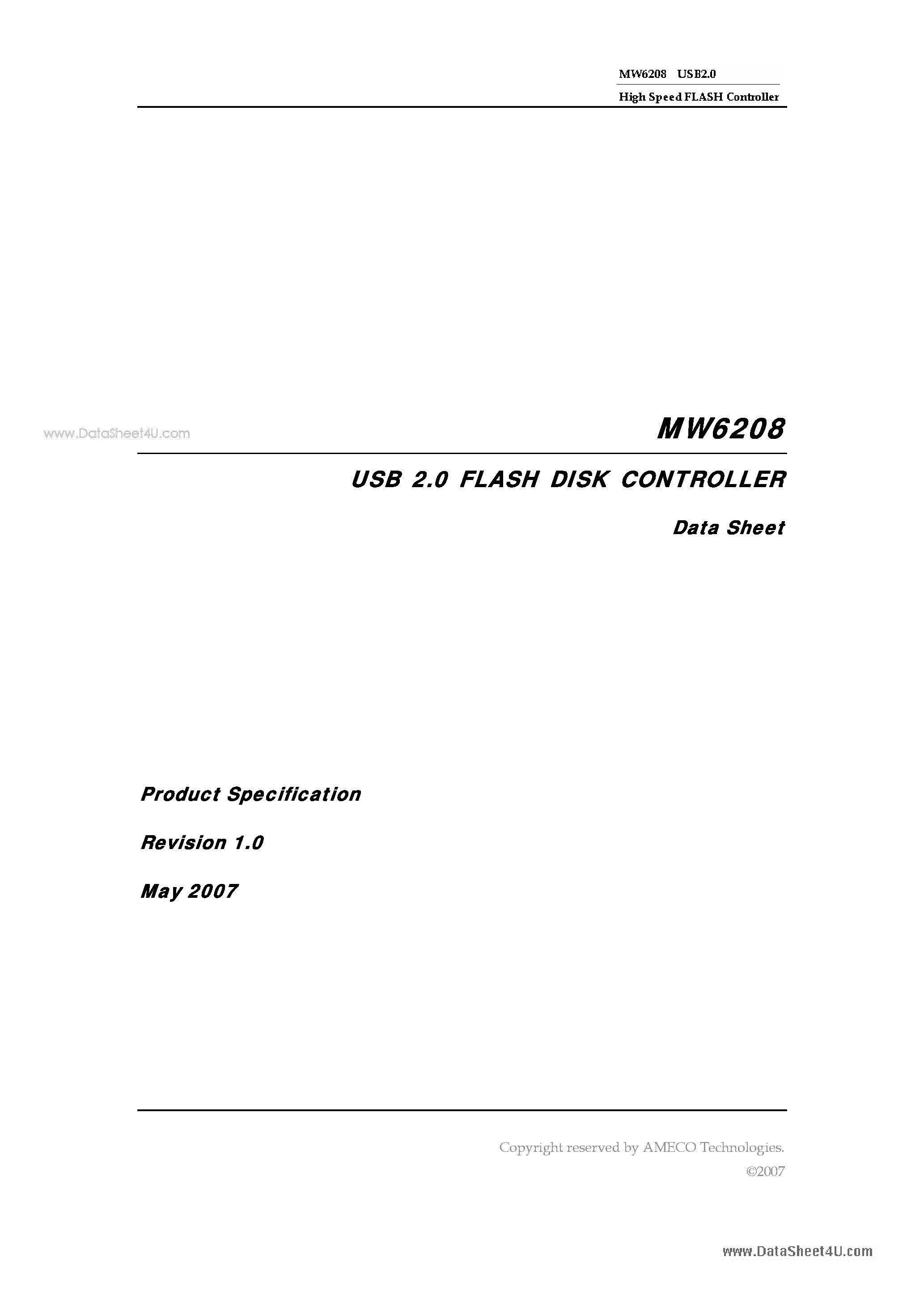 Datasheet MW6208 - USB 2.0 FLASH DISK CONTROLLER page 1