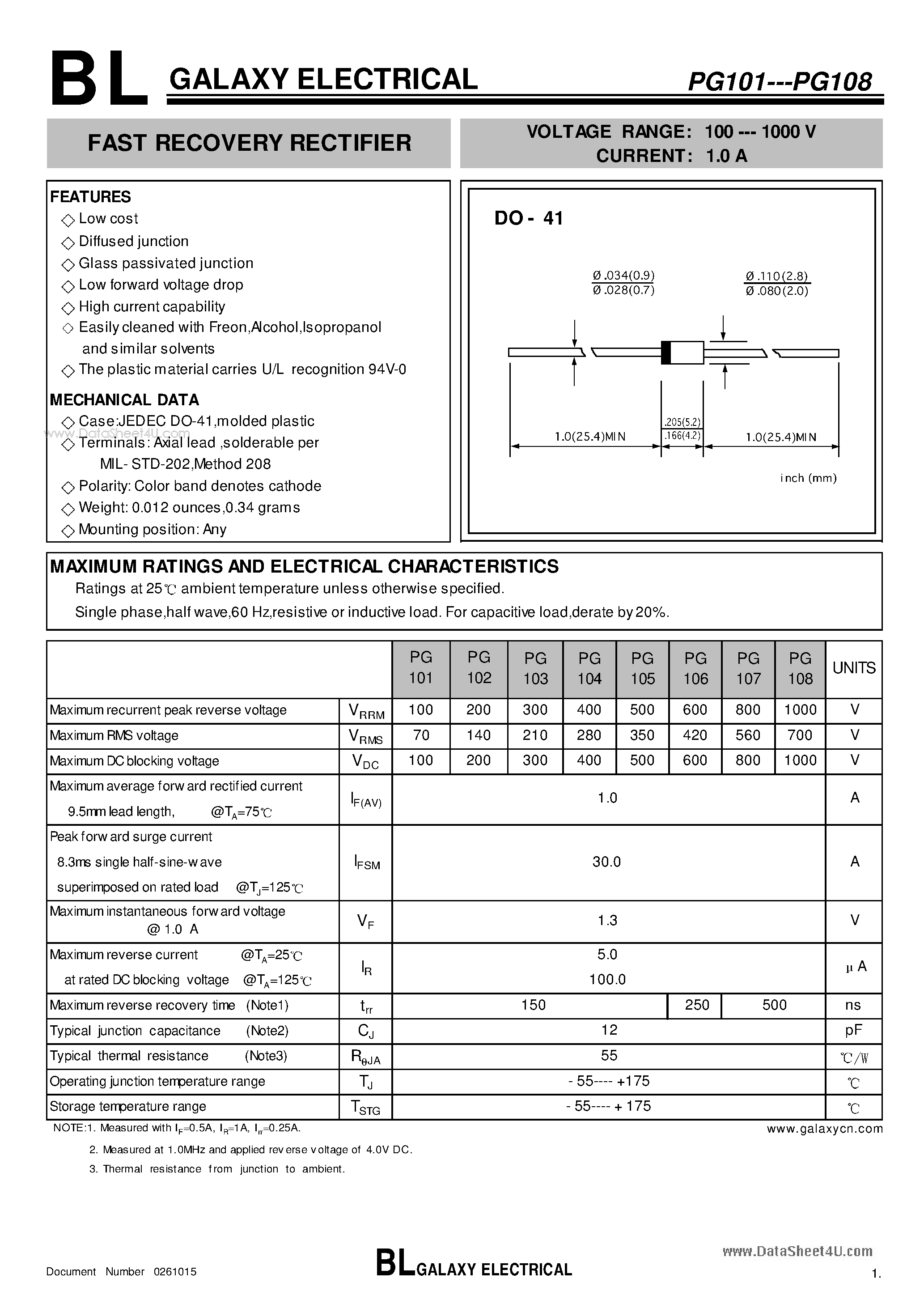 Даташит PG101 - FAST RECOVERY RECTIFIER страница 1