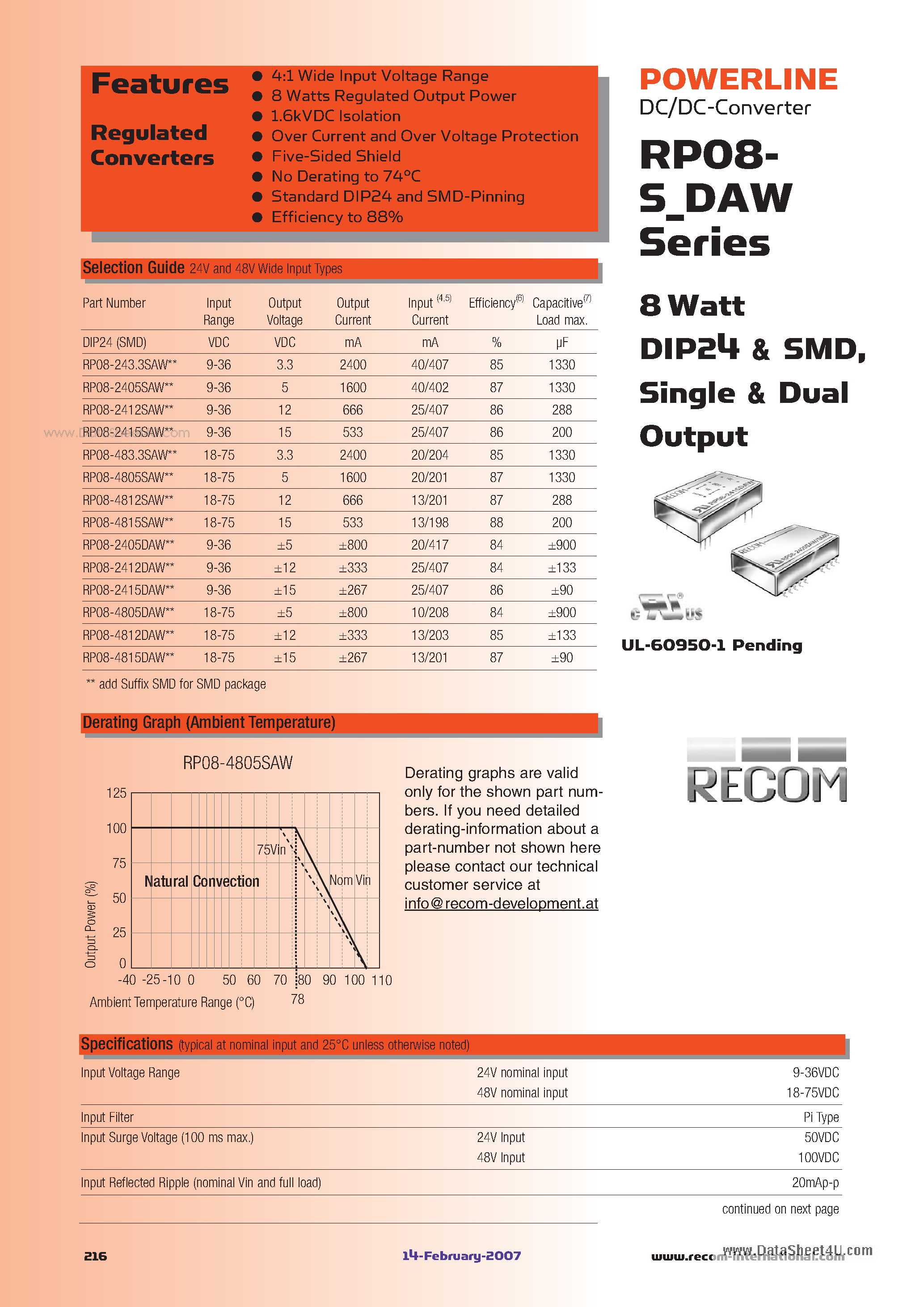 Даташит на микросхему RP08-2405DAW страница 1 Даташит RP08-2405DAW - 8 Watt DIP24 & SMD страница 1