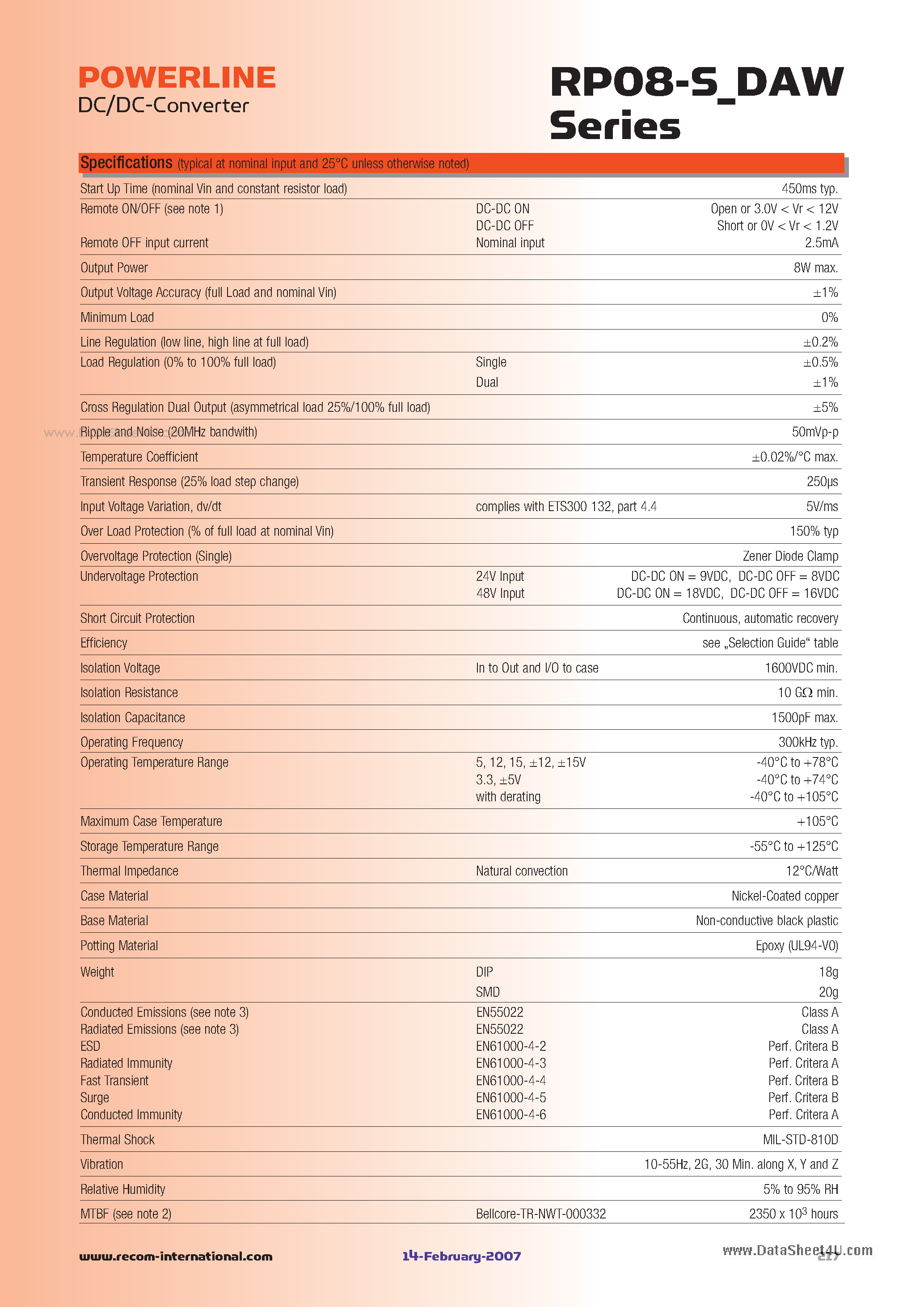 Даташит на микросхему RP08-2405DAW страница 2 Даташит RP08-2405DAW - 8 Watt DIP24 & SMD страница 2