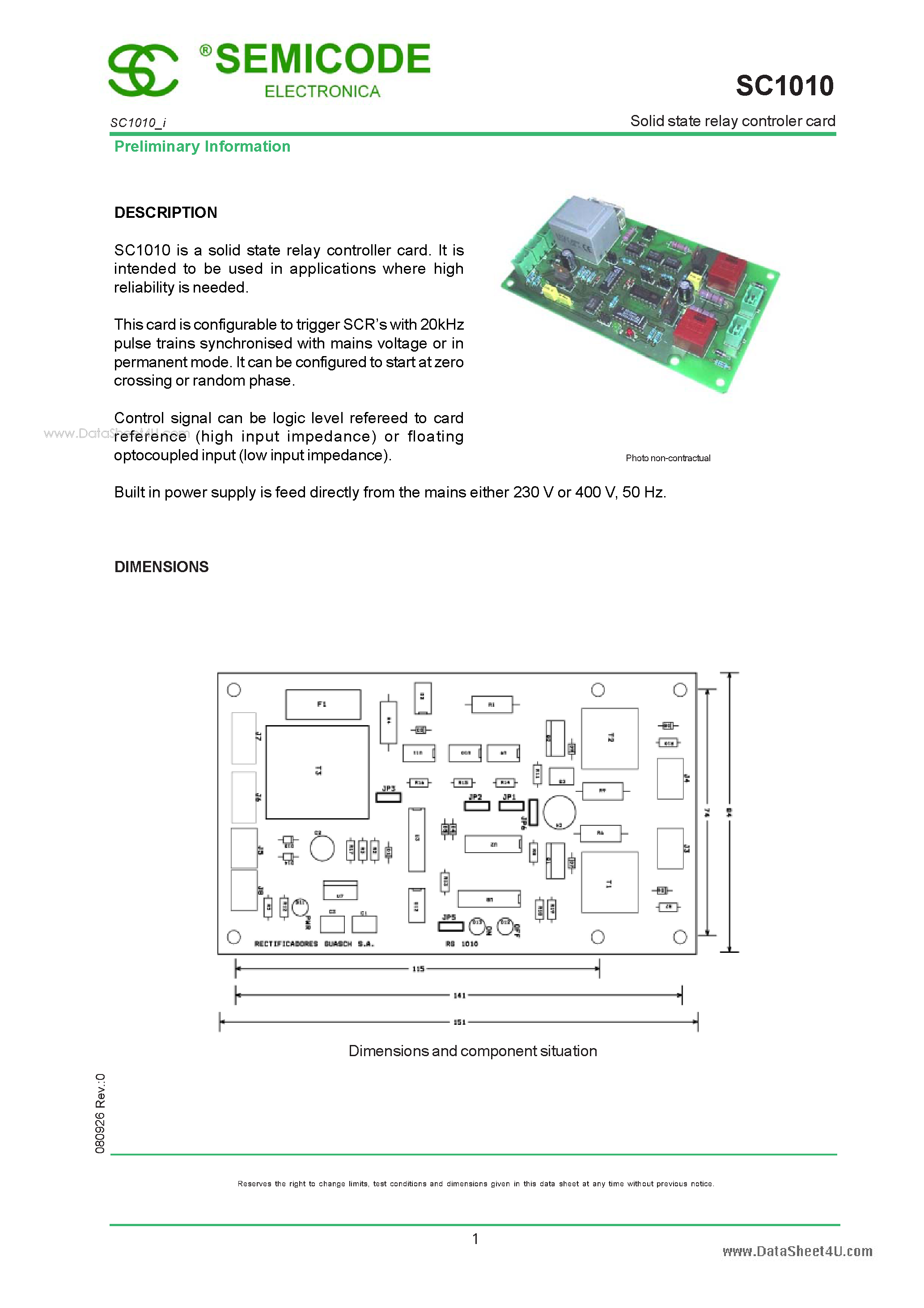 Datasheet SC1010 - Solid state relay controler card page 1