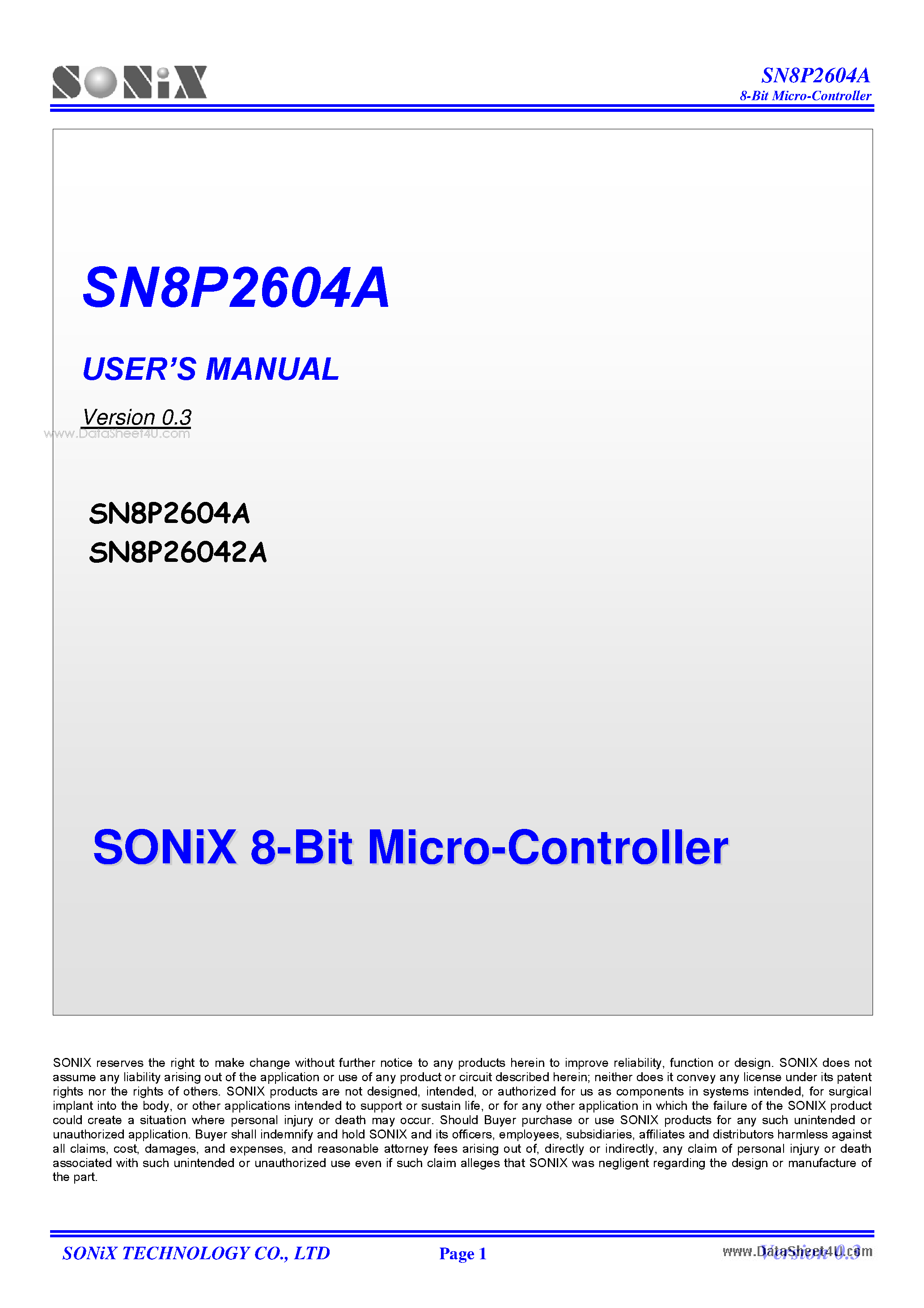 Datasheet SN8P26042A page 1 Datasheet SN8P26042A - 8-Bit Micro-Controller page 1