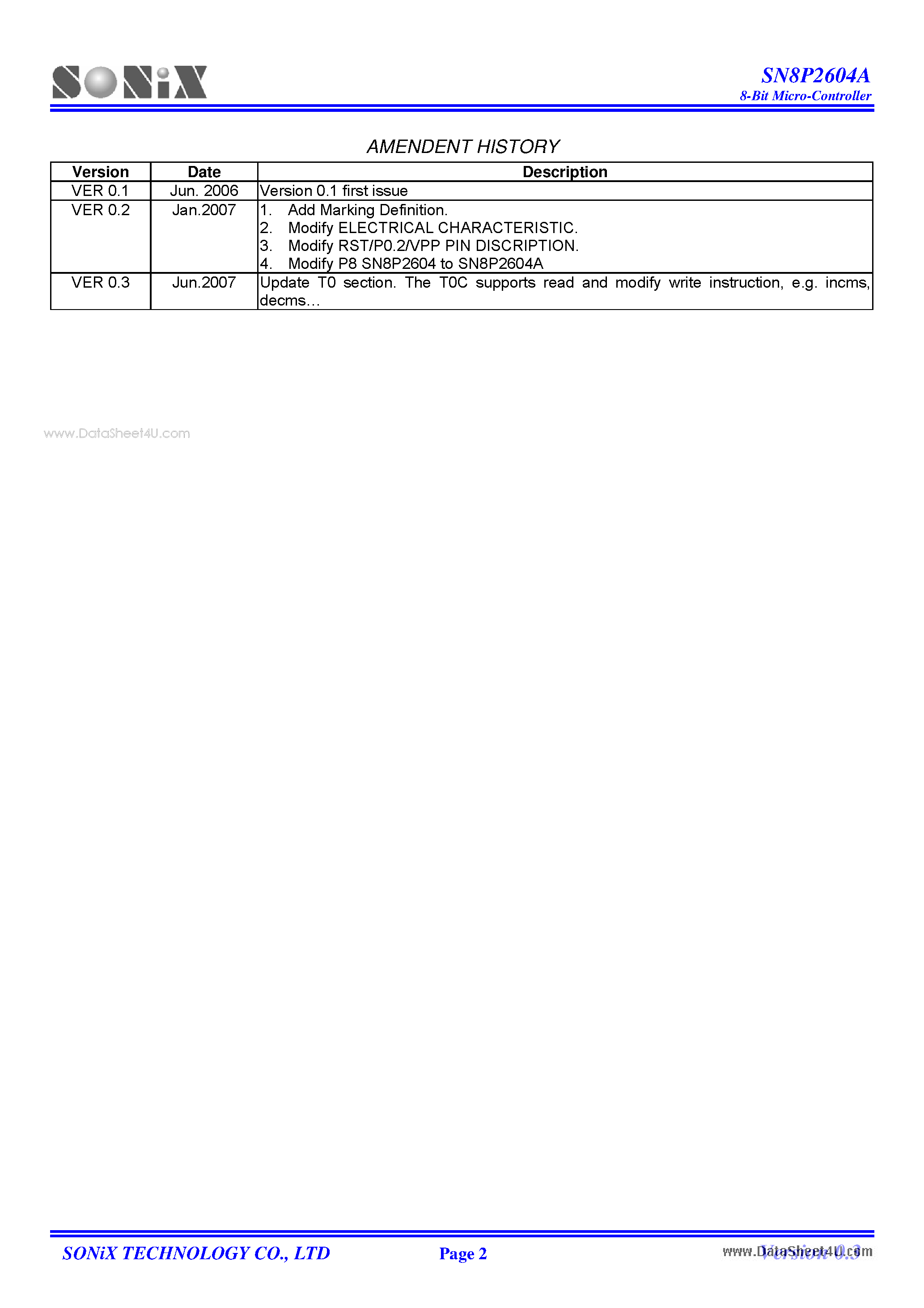 Datasheet SN8P26042A page 2 Datasheet SN8P26042A - 8-Bit Micro-Controller page 2