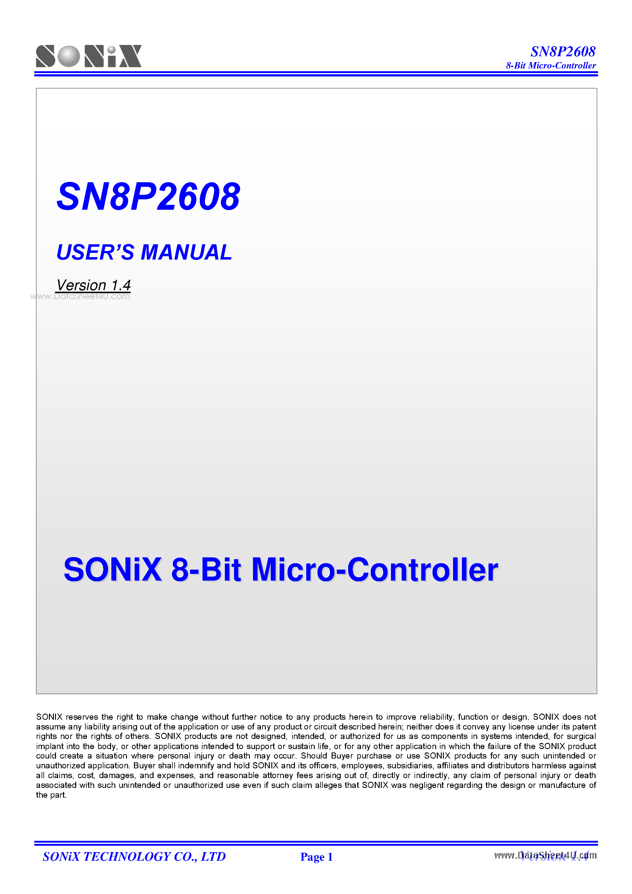 Datasheet SN8P2608 page 1 Datasheet SN8P2608 - 8-Bit Micro-Controller page 1