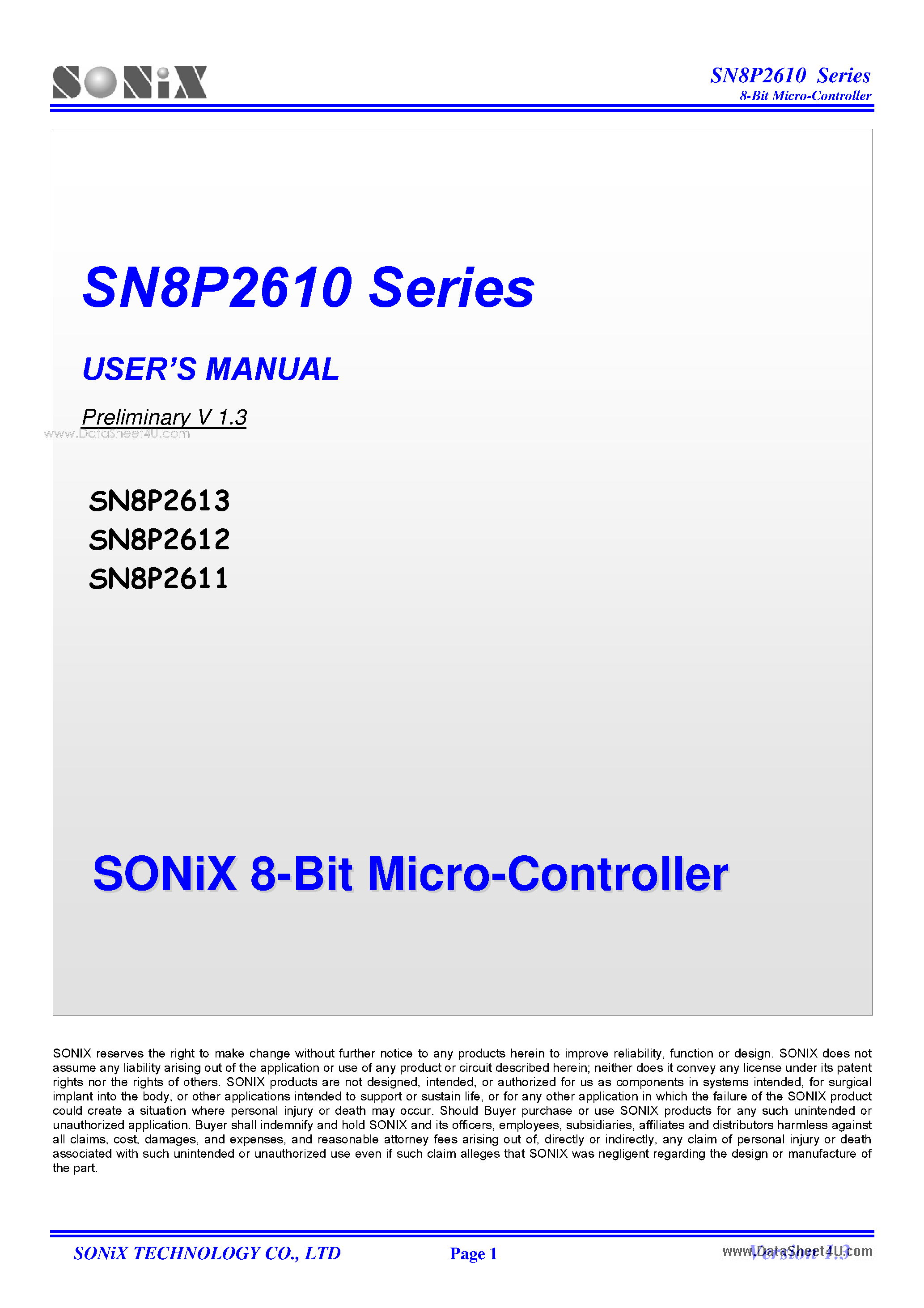 Datasheet SN8P2610 page 1 Datasheet SN8P2610 - 8-Bit Micro-Controller page 1
