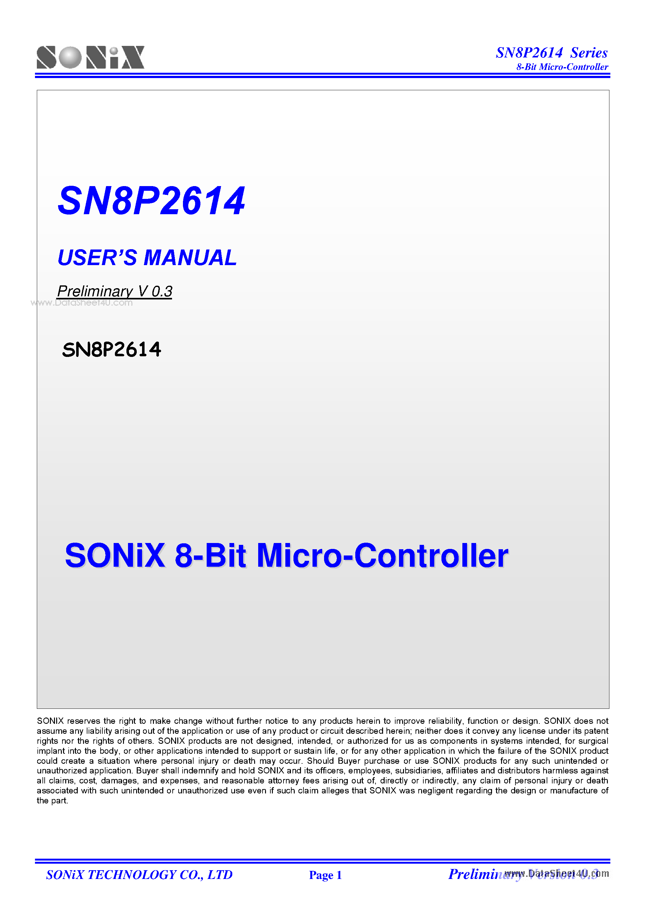 Datasheet SN8P2614 page 1 Datasheet SN8P2614 - 8-Bit Micro-Controller page 1
