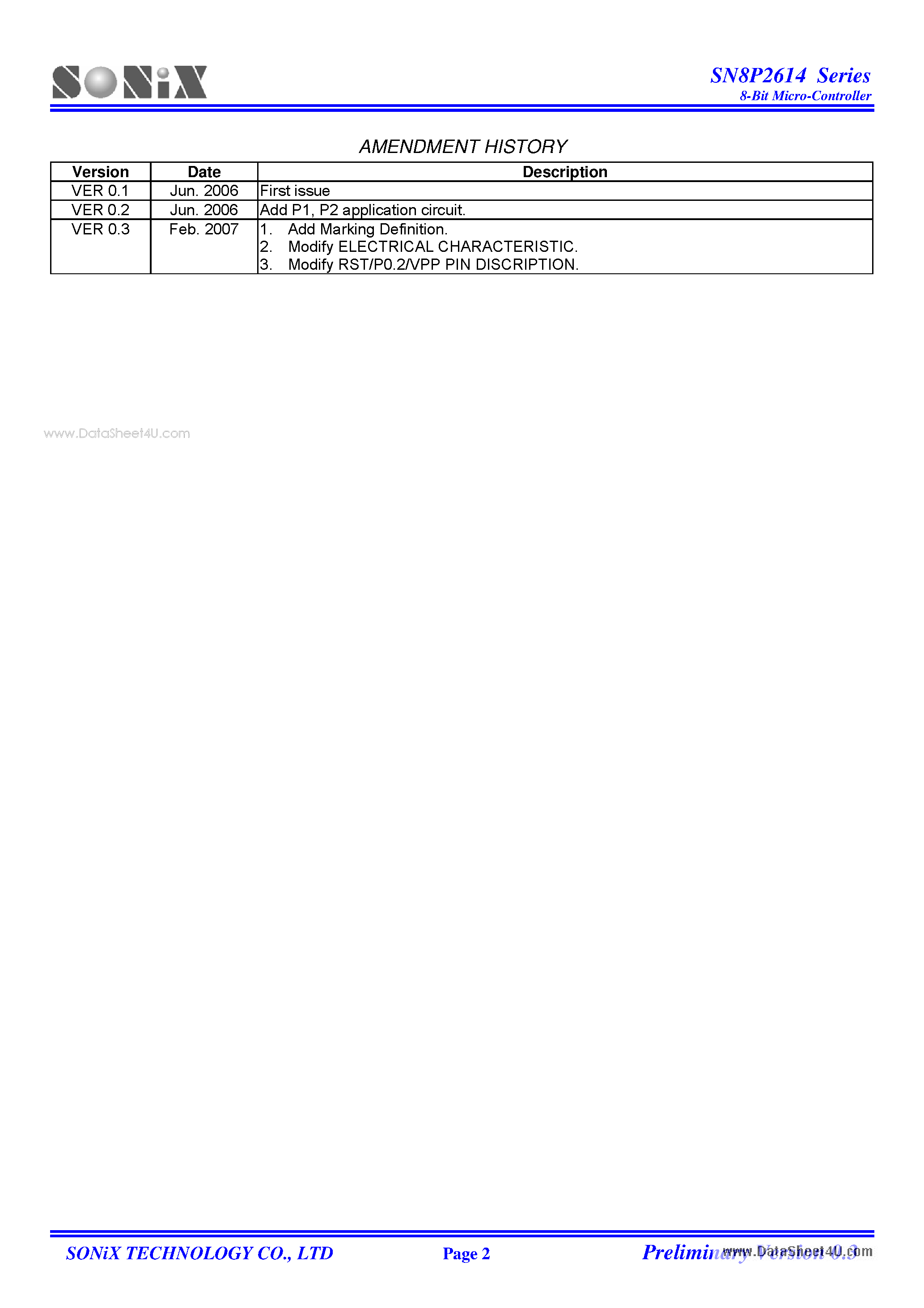 Datasheet SN8P2614 page 2 Datasheet SN8P2614 - 8-Bit Micro-Controller page 2