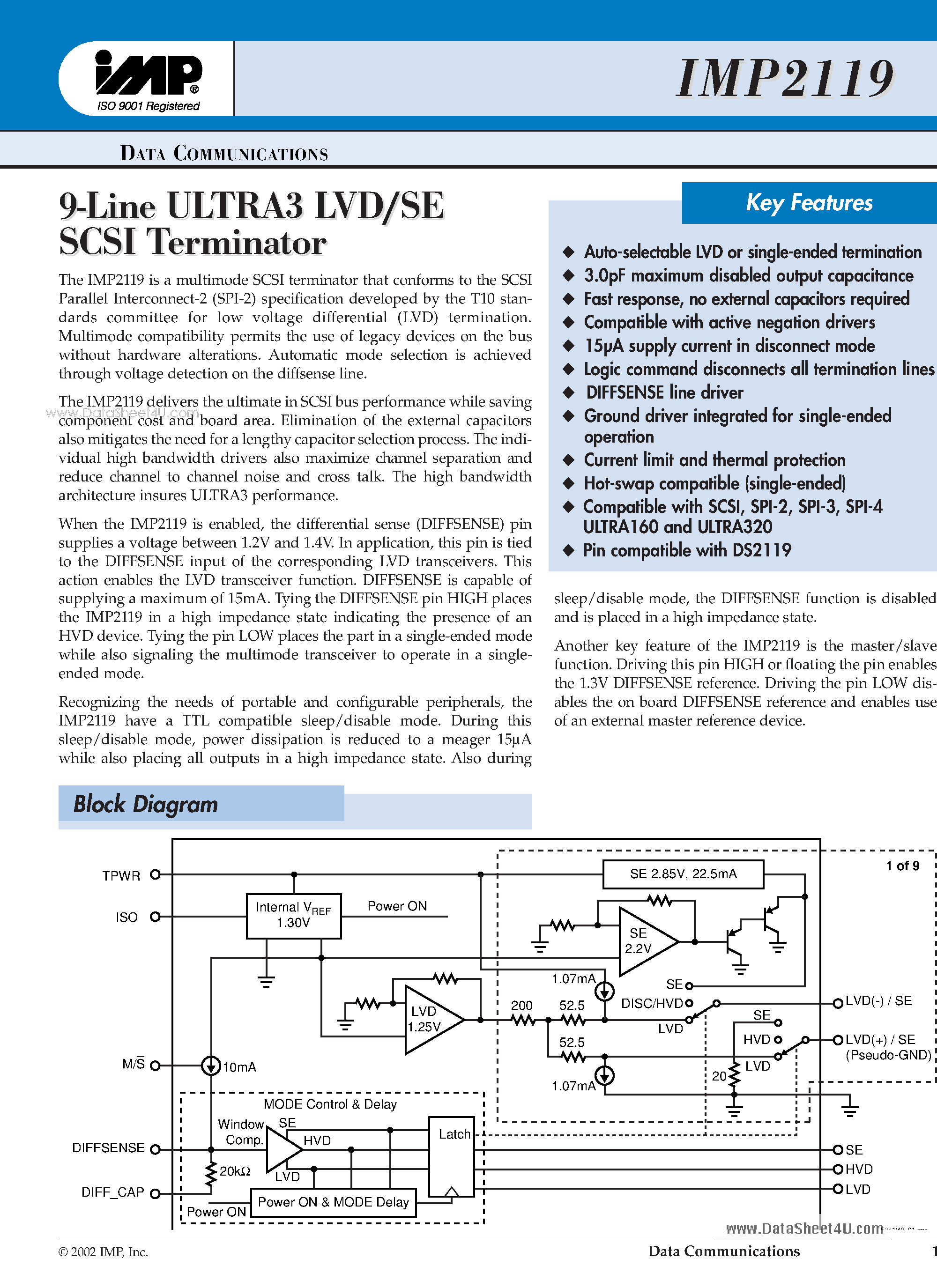 Datasheet IMP2119 - 9-Line ULTRA3 LVD/SE SCSI Terminator page 1